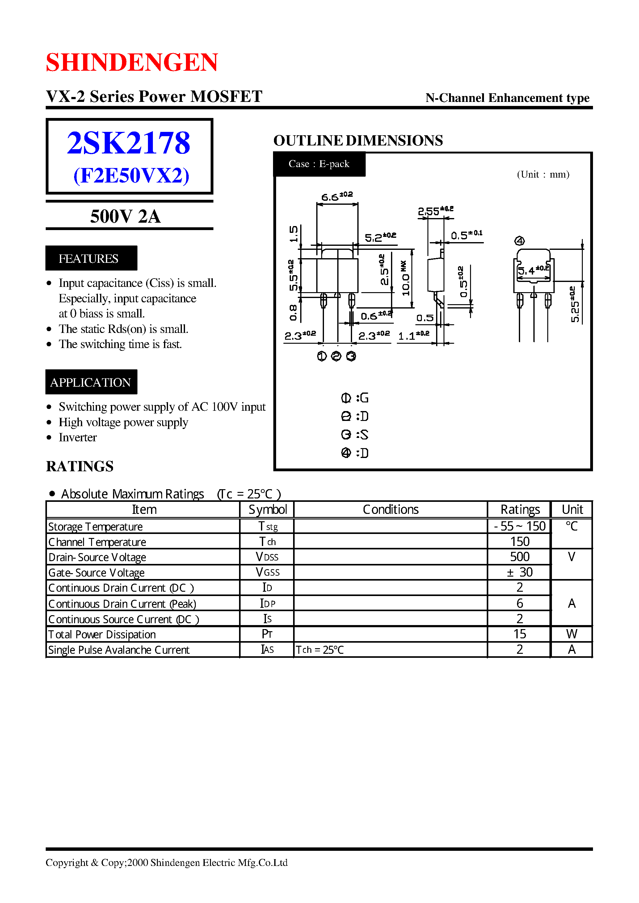Даташит 2SK2178 - VX-2 Series Power MOSFET(500V 2A) страница 1