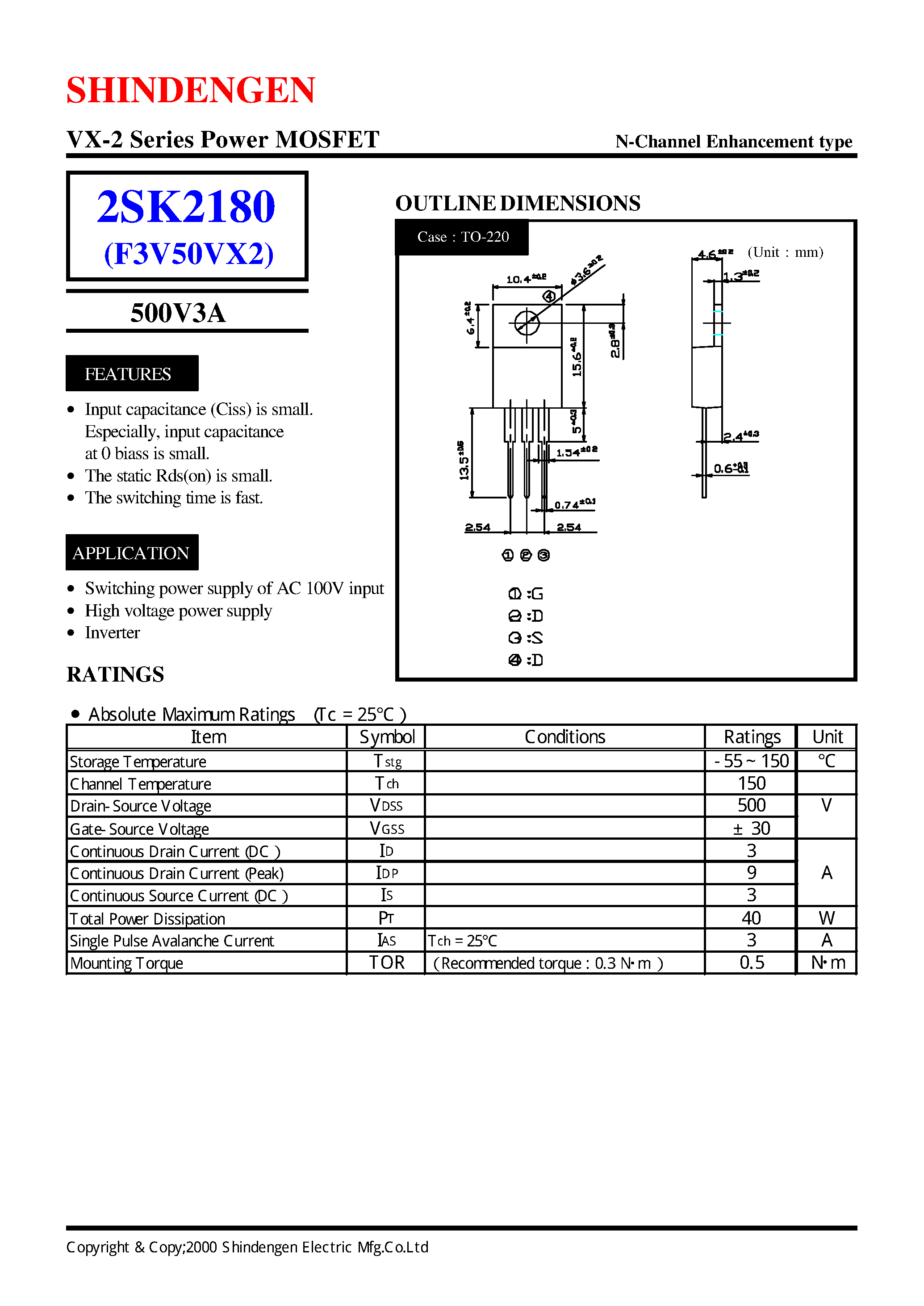 Даташит 2SK2180 - VX-2 Series Power MOSFET(500V3A) страница 1