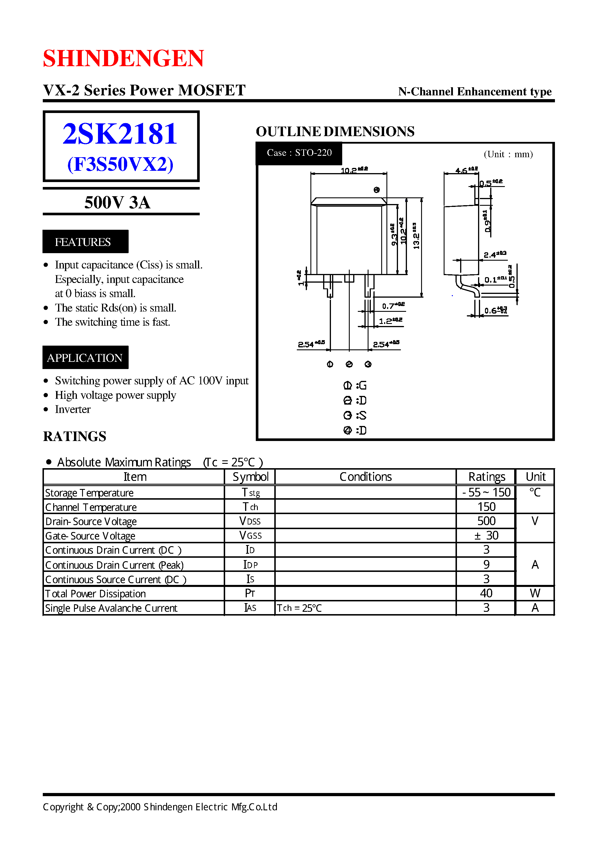 Даташит 2SK2181 - VX-2 Series Power MOSFET(500V 3A) страница 1