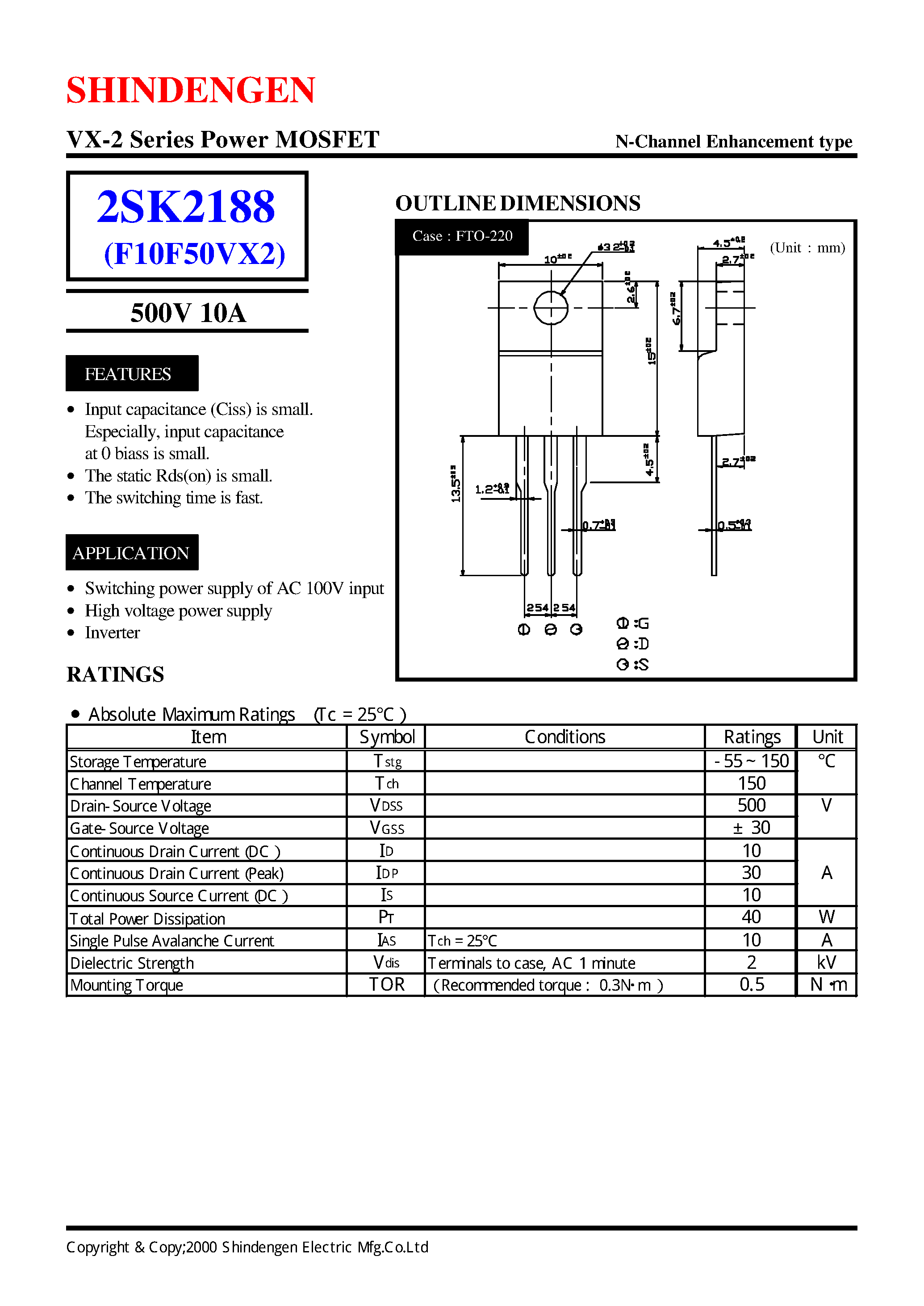Datasheet 2SK2188 - VX-2 Series Power MOSFET(500V 10A) page 1