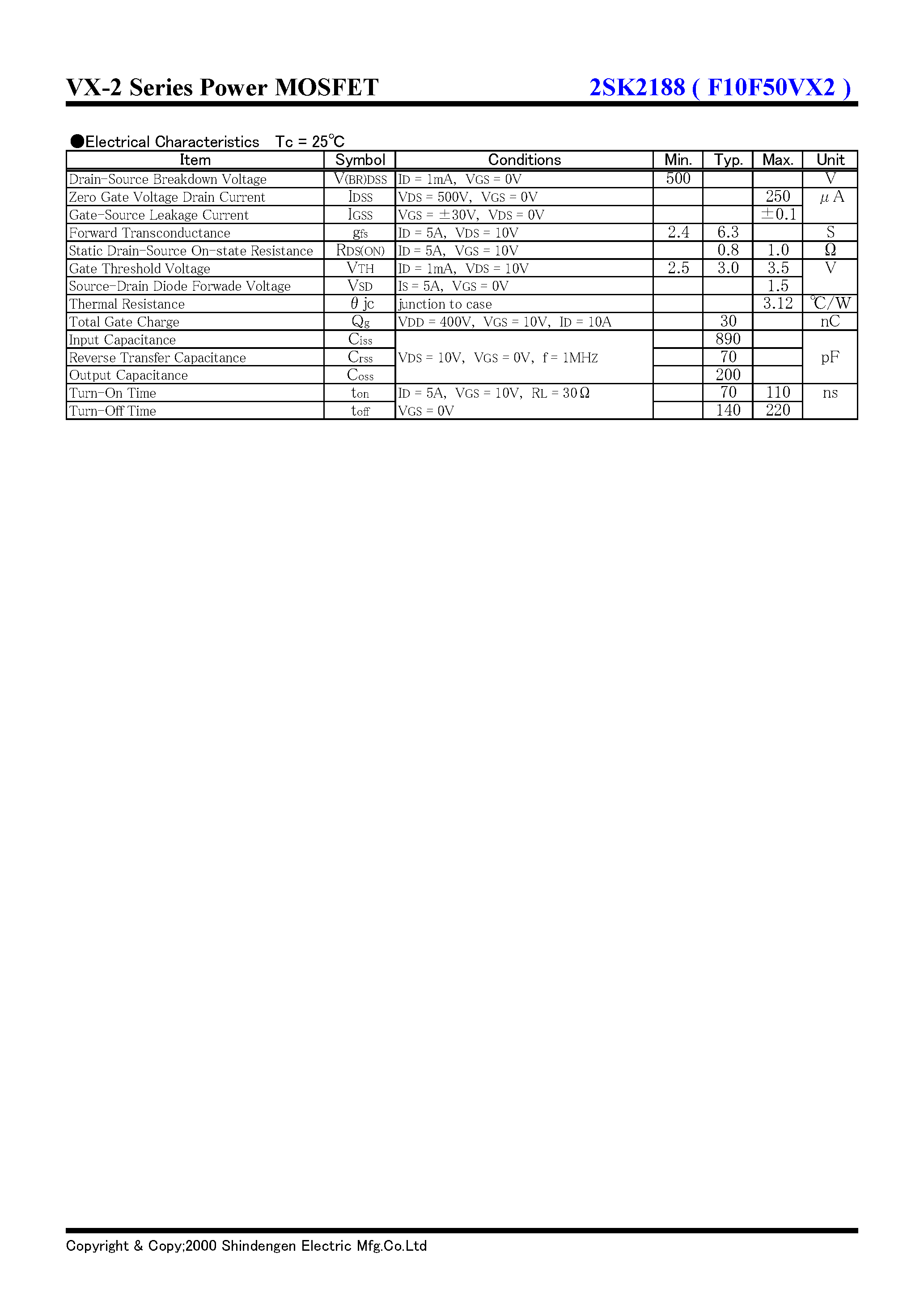 Datasheet 2SK2188 - VX-2 Series Power MOSFET(500V 10A) page 2
