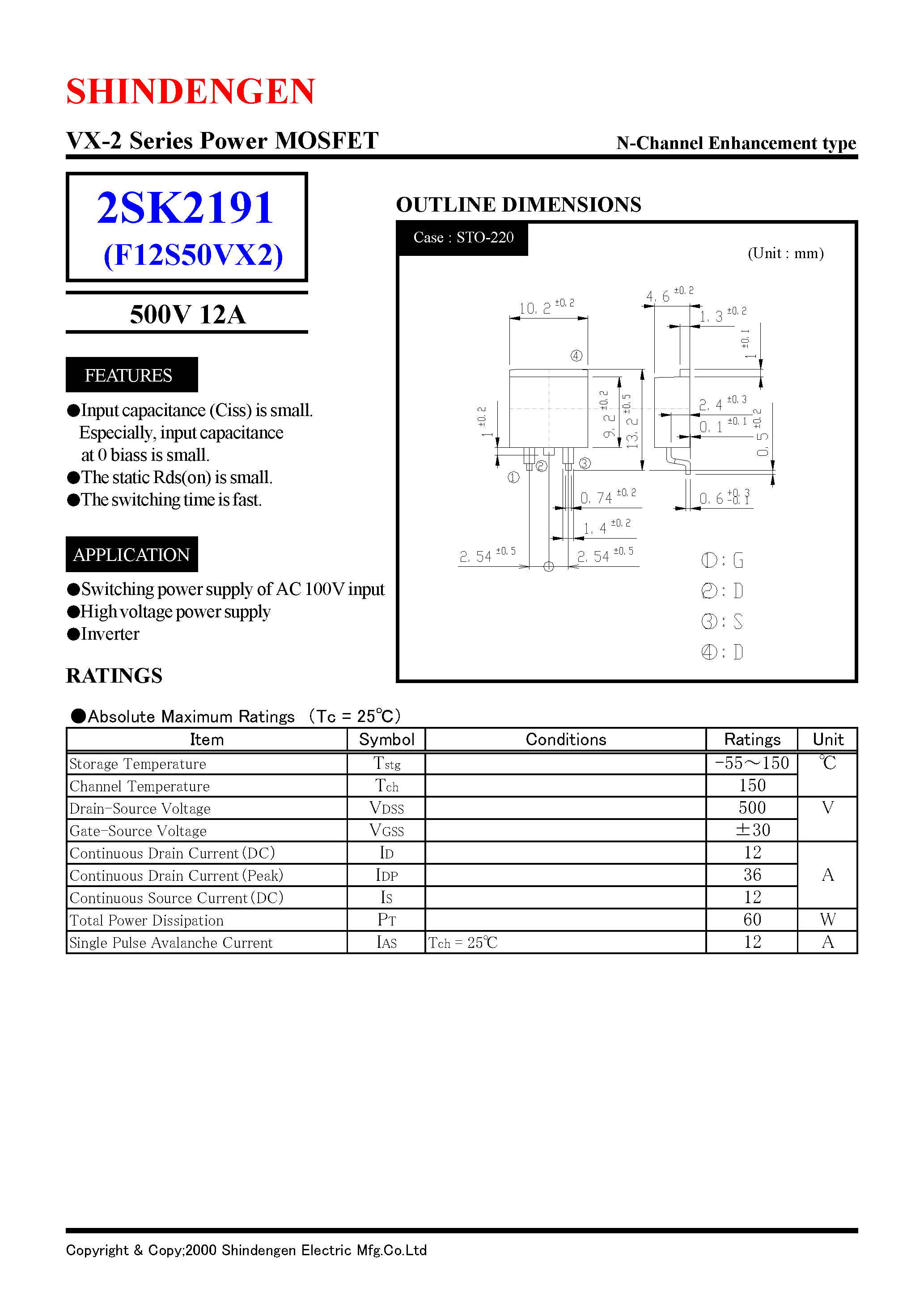 Datasheet 2SK2191 - VX-2 Series Power MOSFET(500V 12A) page 1