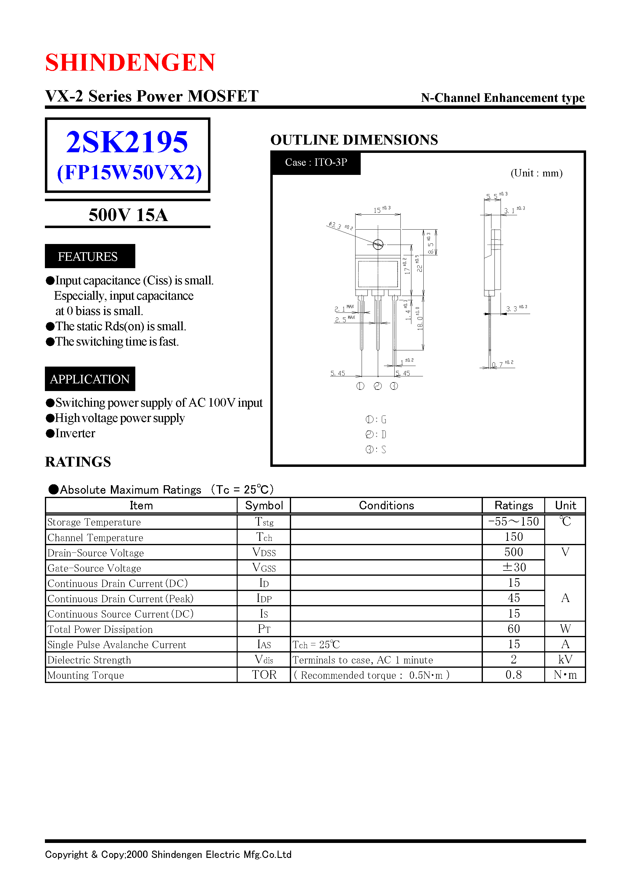 Datasheet 2SK2195 - VX-2 Series Power MOSFET(500V 15A) page 1