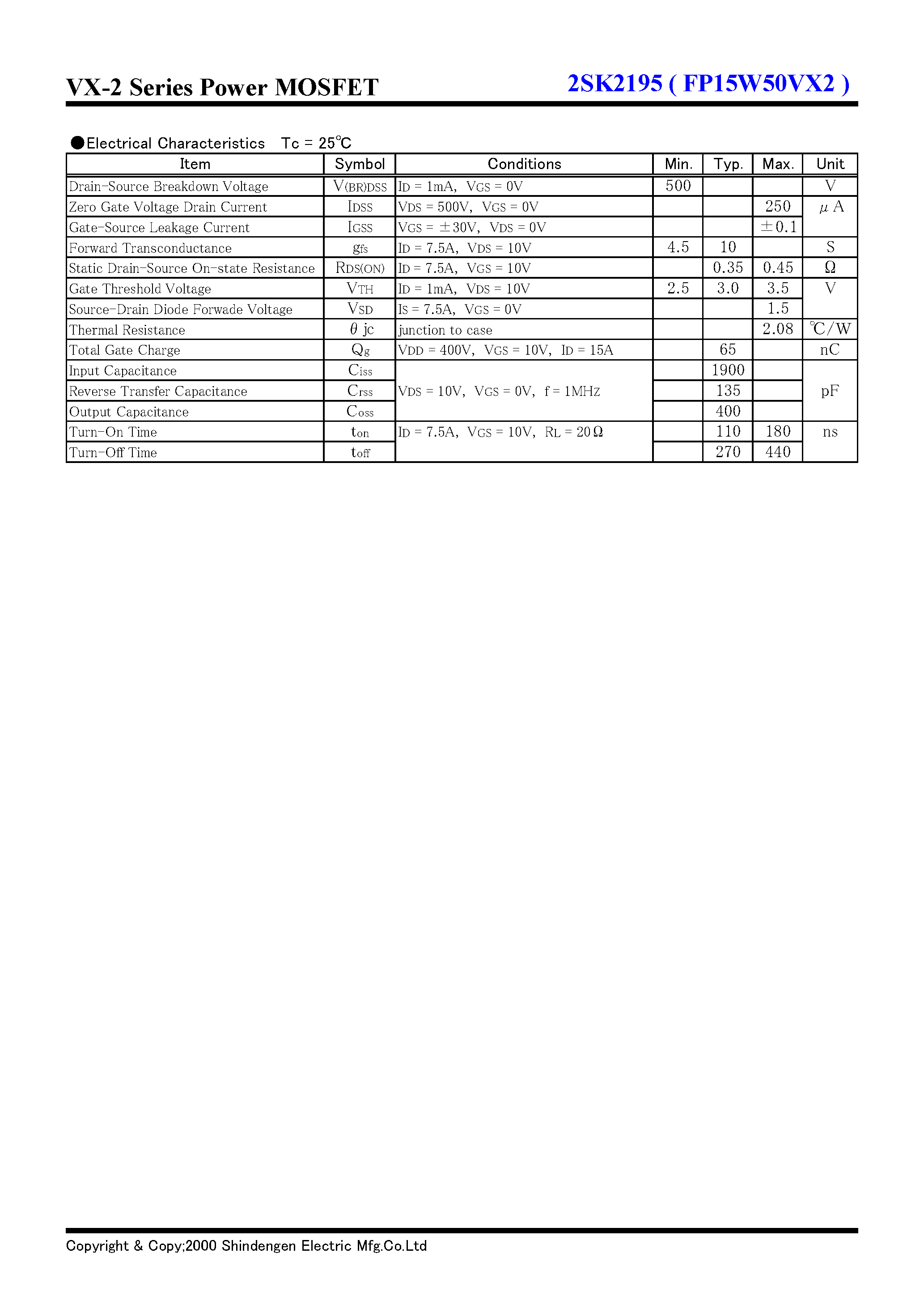 Datasheet 2SK2195 - VX-2 Series Power MOSFET(500V 15A) page 2
