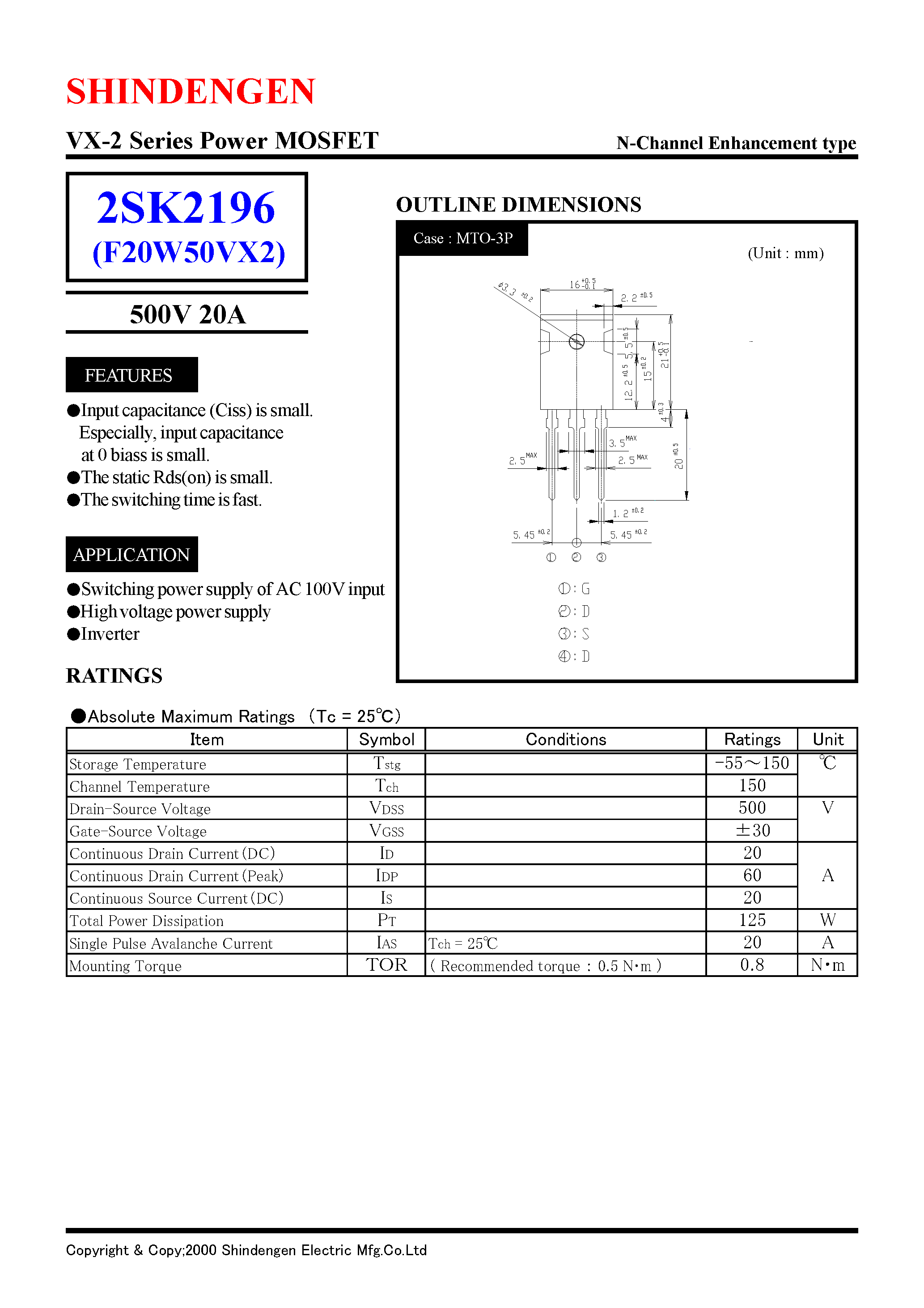 Даташит 2SK2196 - VX-2 Series Power MOSFET(500V 20A) страница 1
