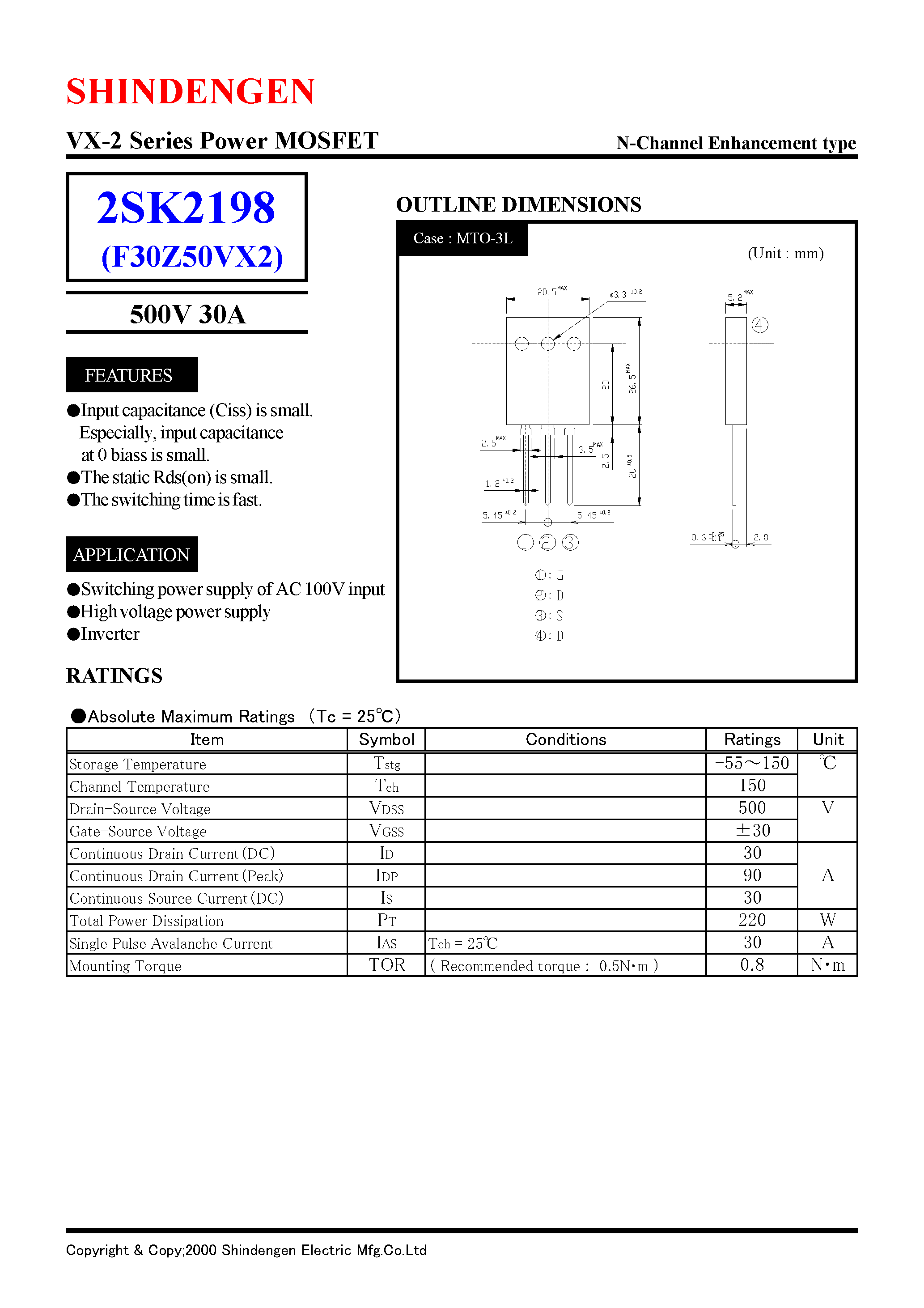 Datasheet 2SK2198 - VX-2 Series Power MOSFET(500V 30A) page 1
