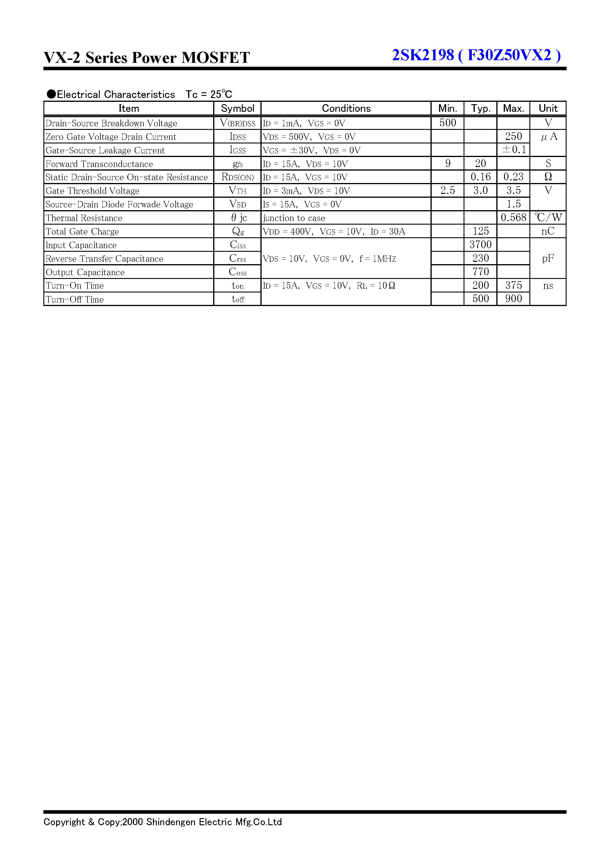 Datasheet 2SK2198 - VX-2 Series Power MOSFET(500V 30A) page 2