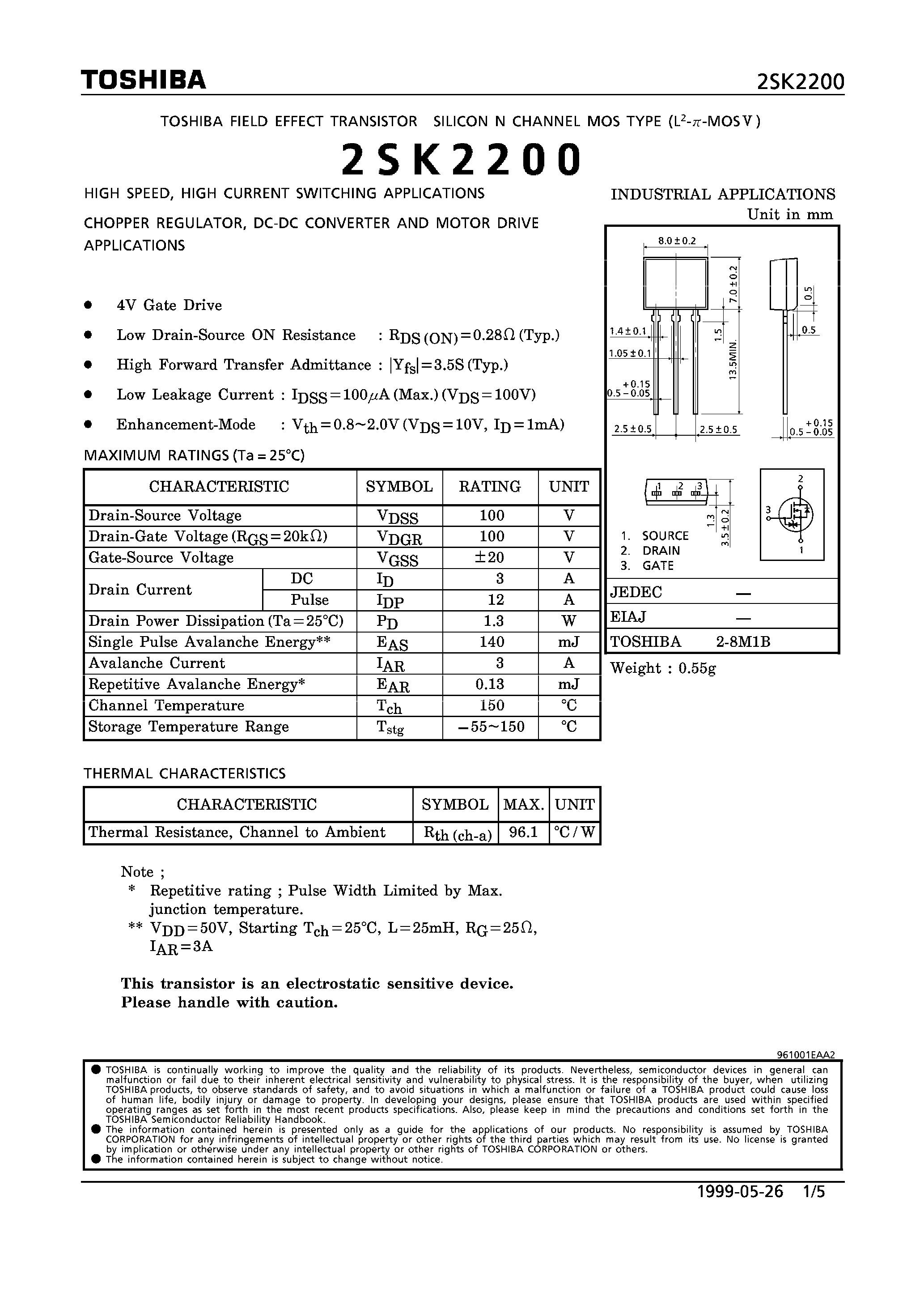 Datasheet 2SK2200 page 1 Datasheet 2SK2200 - NCHANNEL MOS TYPE (HIGH SPEED/ HIGH CURRENT SWITCHING/ CHOPPER REGULATOR/ DC-DC CONVERTER AND MOTOR DRIVE APPLICATIONS) page 1