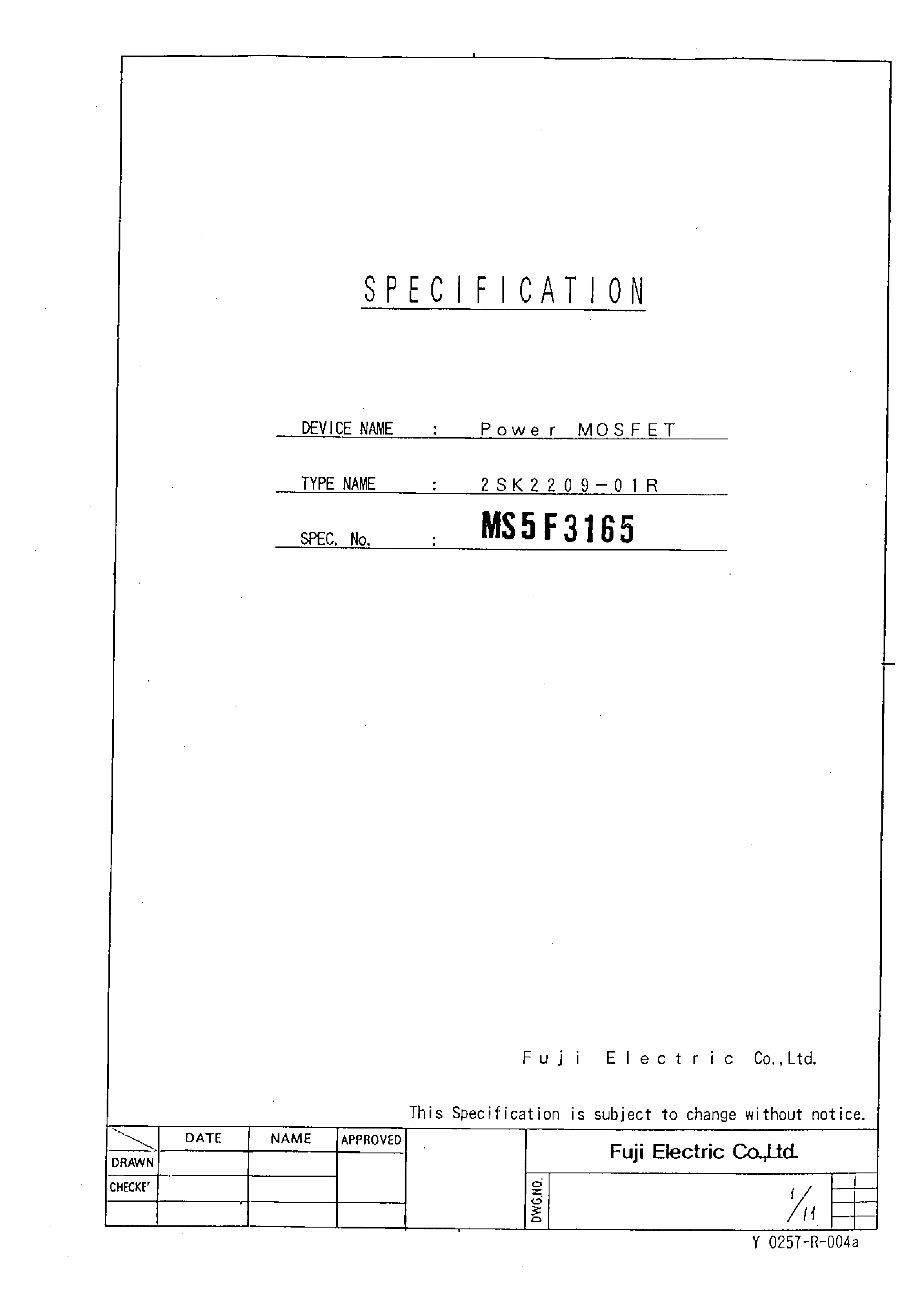 Datasheet 2SK2209-01R - Power MOSFET page 1