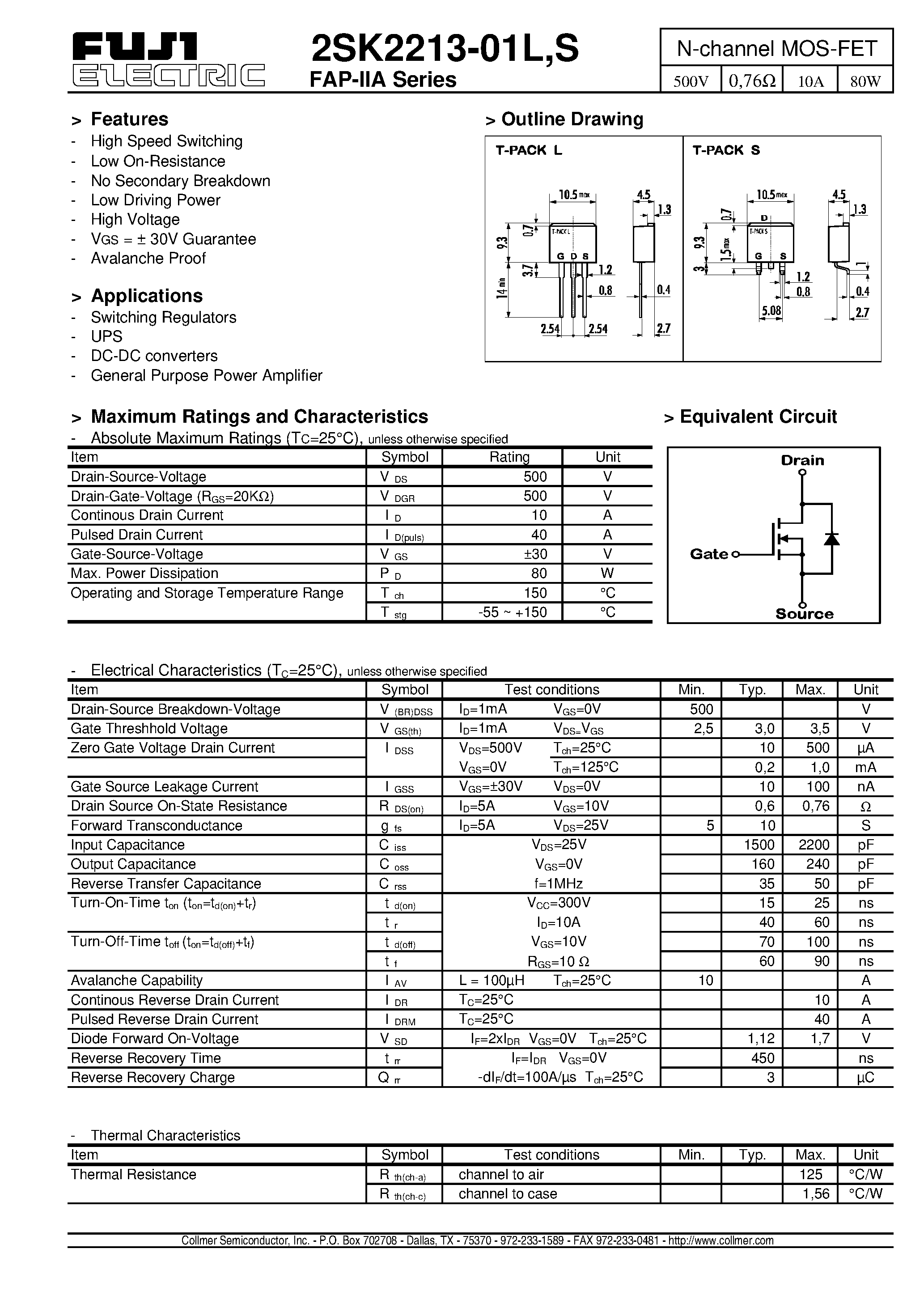Даташит на микросхему 2SK2213-01S страница 1 Даташит 2SK2213-01S - N-channel MOS-FET страница 1