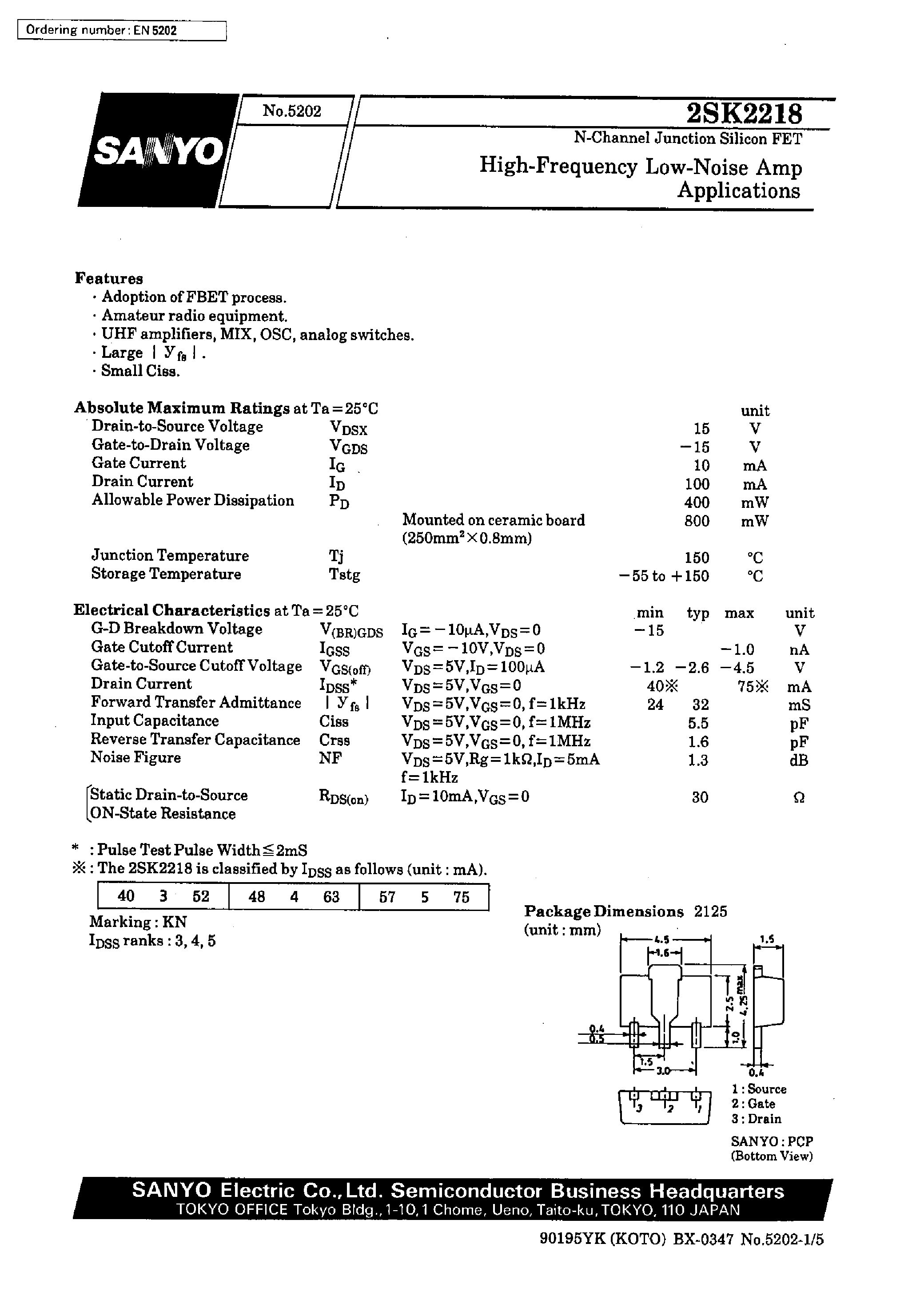 Datasheet 2SK2218 page 1 Datasheet 2SK2218 - High-Frequency Low-Noise Amp Applications page 1