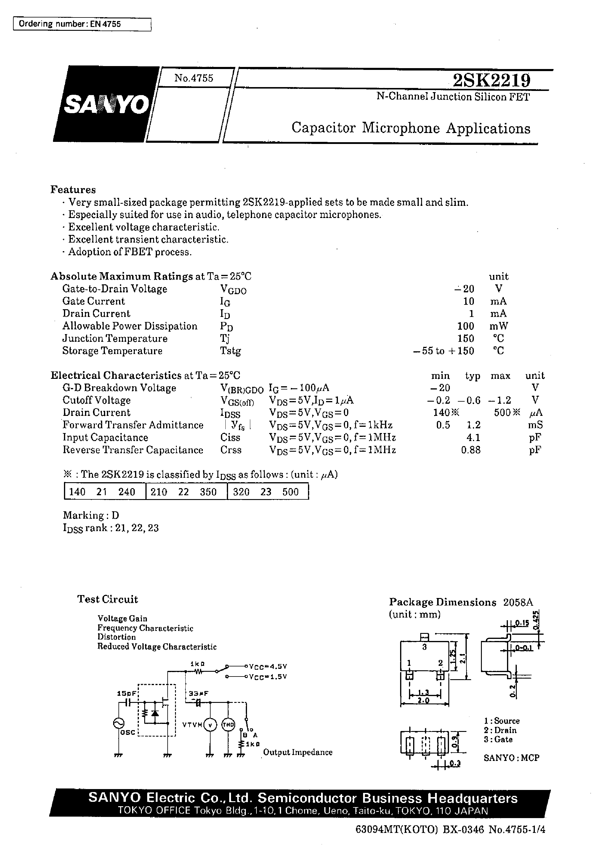 Даташит на микросхему 2SK2219 страница 1 Даташит 2SK2219 - Capacitor Microphone Applications страница 1