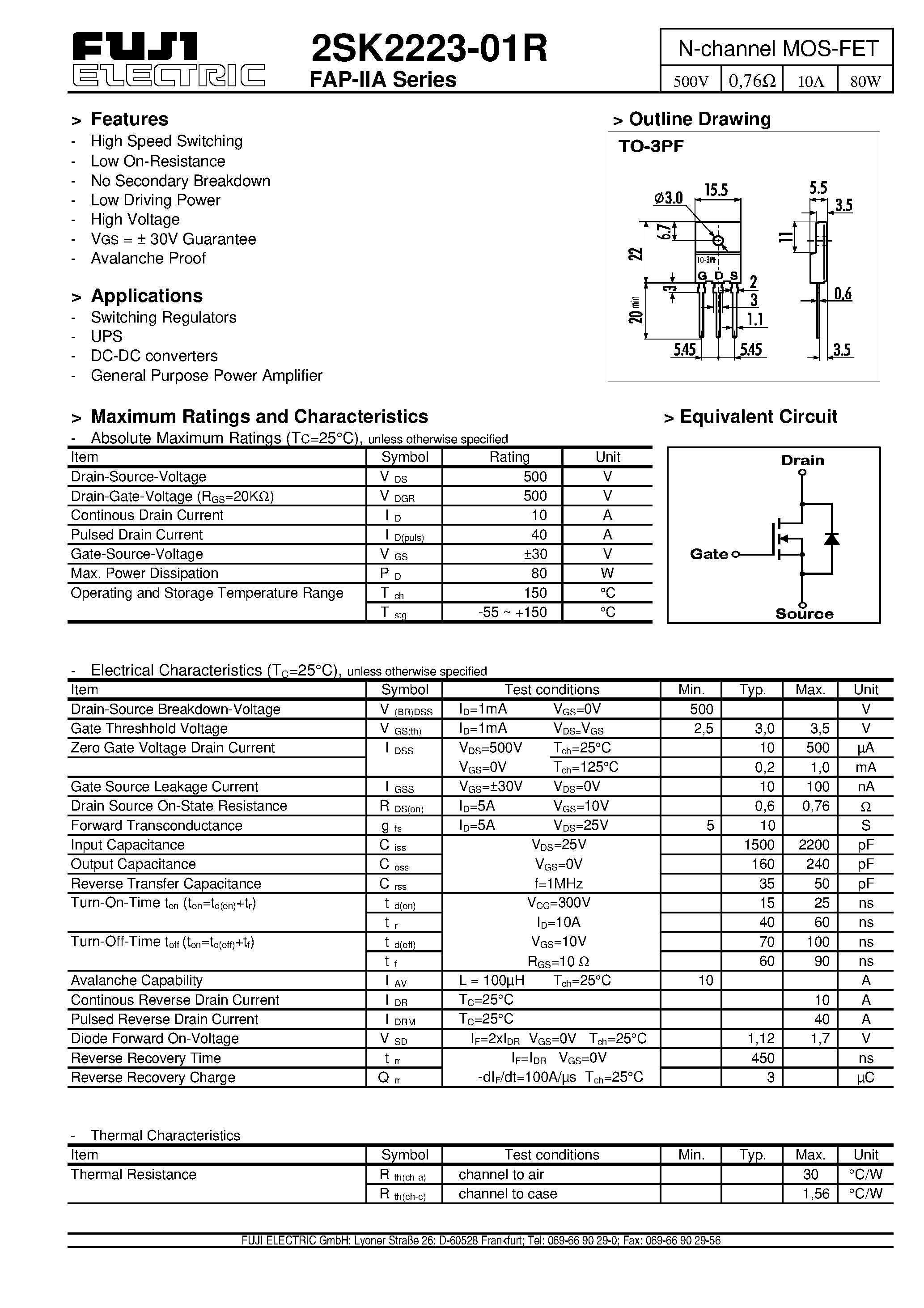 Даташит 2SK2223-01R - N-channel MOS-FET страница 1