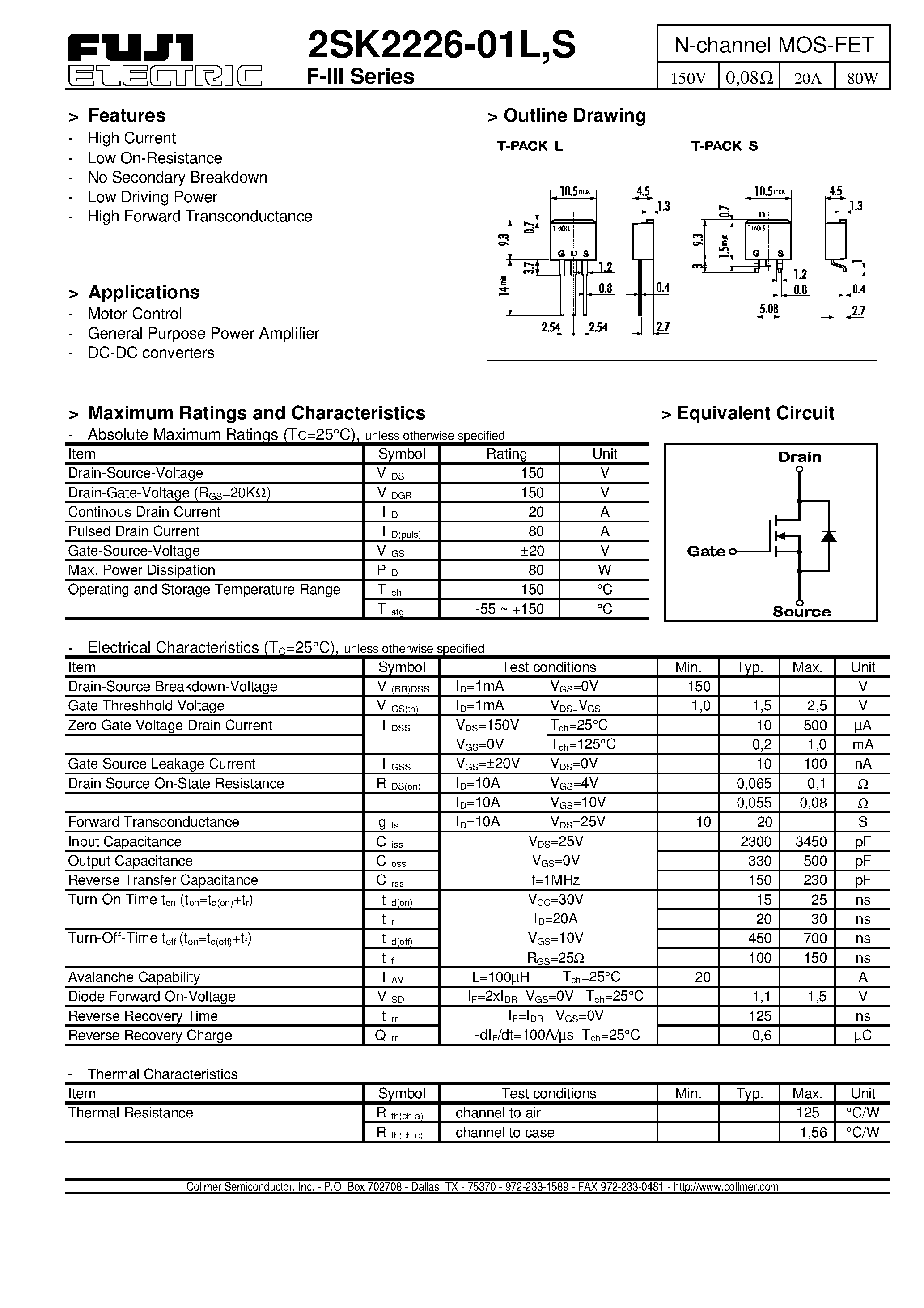Даташит на микросхему 2SK2226-01L страница 1 Даташит 2SK2226-01L - N-channel MOS-FET страница 1