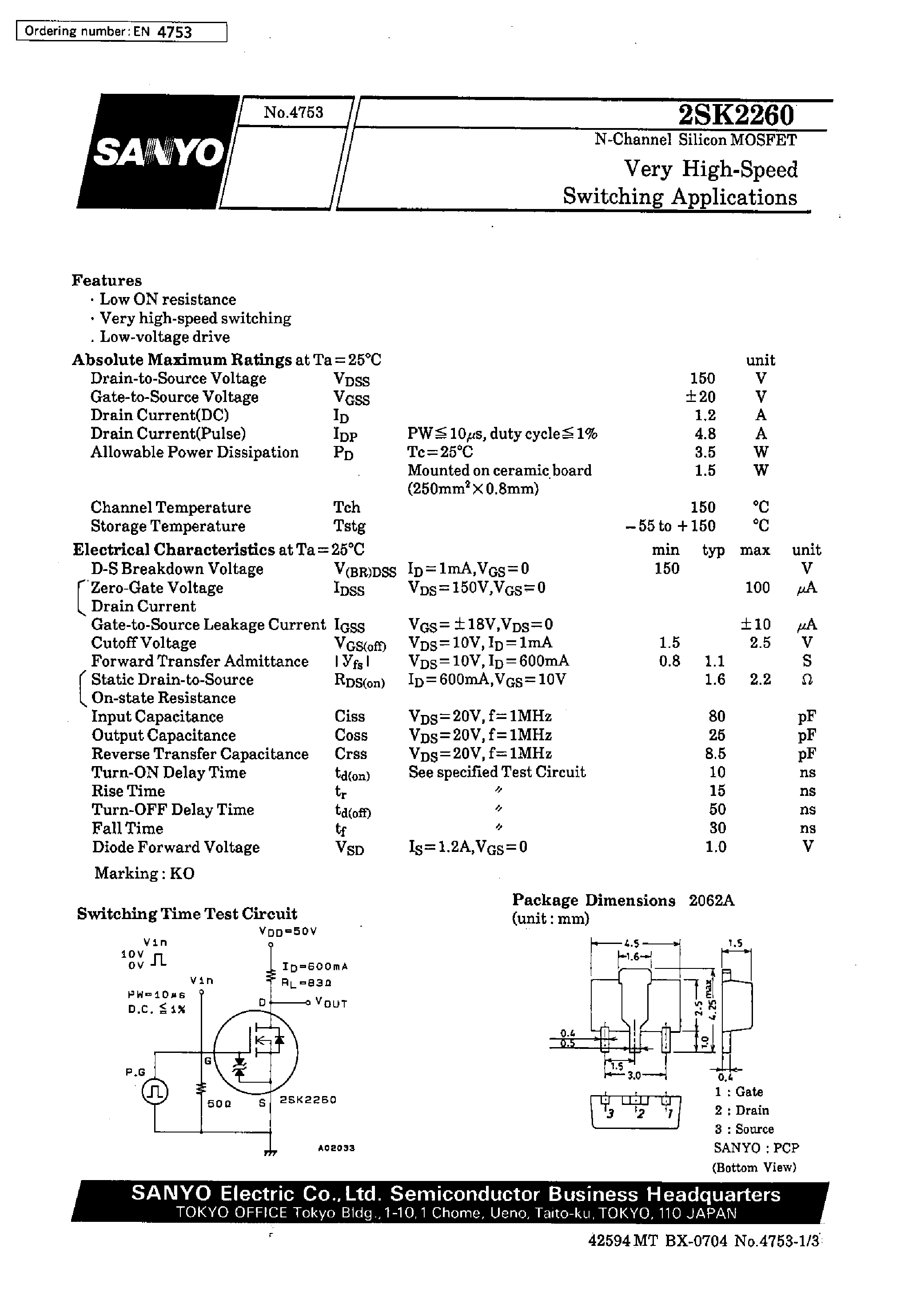 Datasheet 2SK2260 - Very High-Speed Switching Applications page 1