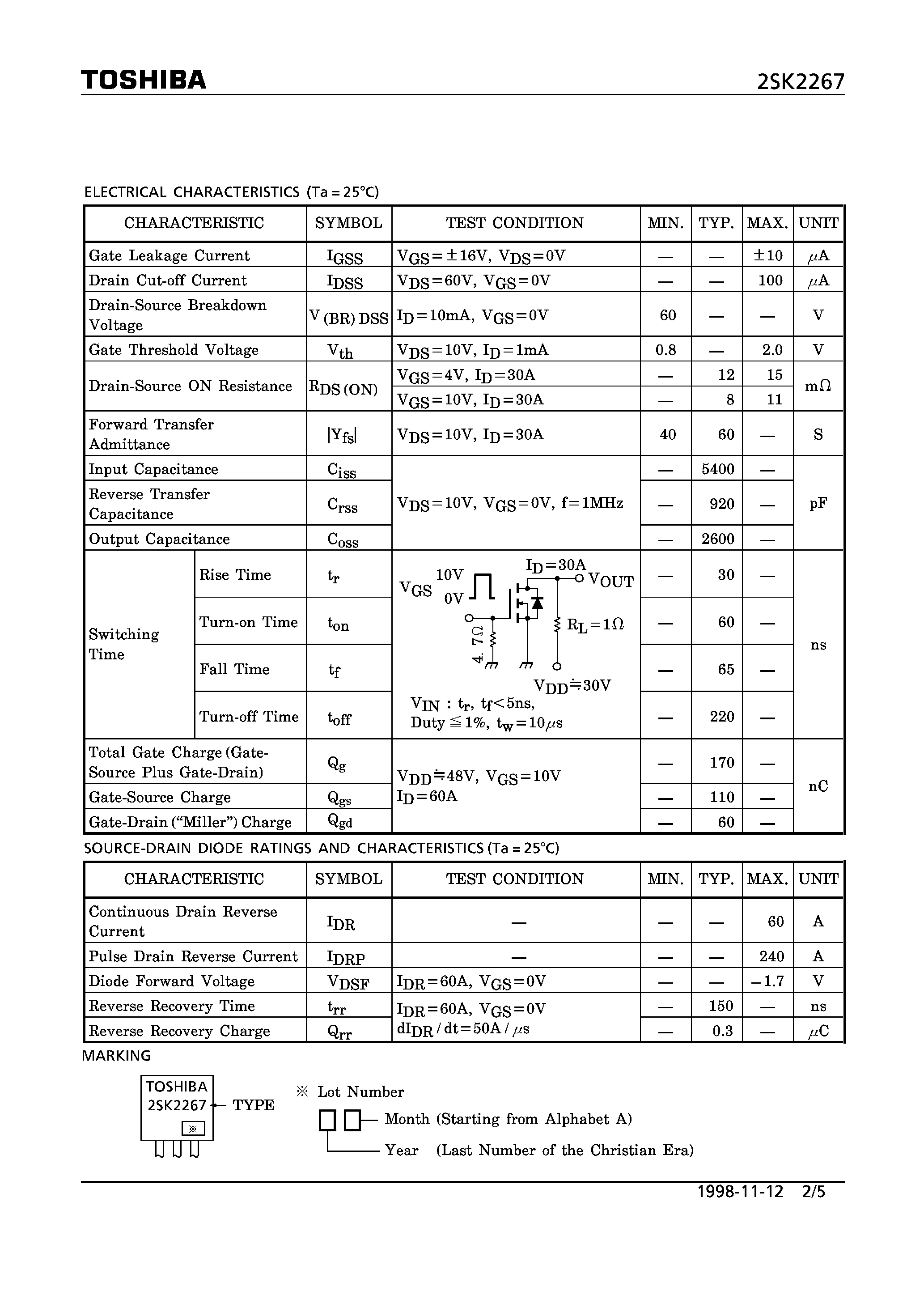 Даташит на микросхему 2SK2267 страница 2 Даташит 2SK2267 - N CHANNEL MOS TYPE (HIGH SPEED/ HIGH VOLTAGE SWITCHING/ CHOPPER REGULATOR/ DC-DC CONVERTER AND MOTOR DRIVE APPLICATIONS) страница 2