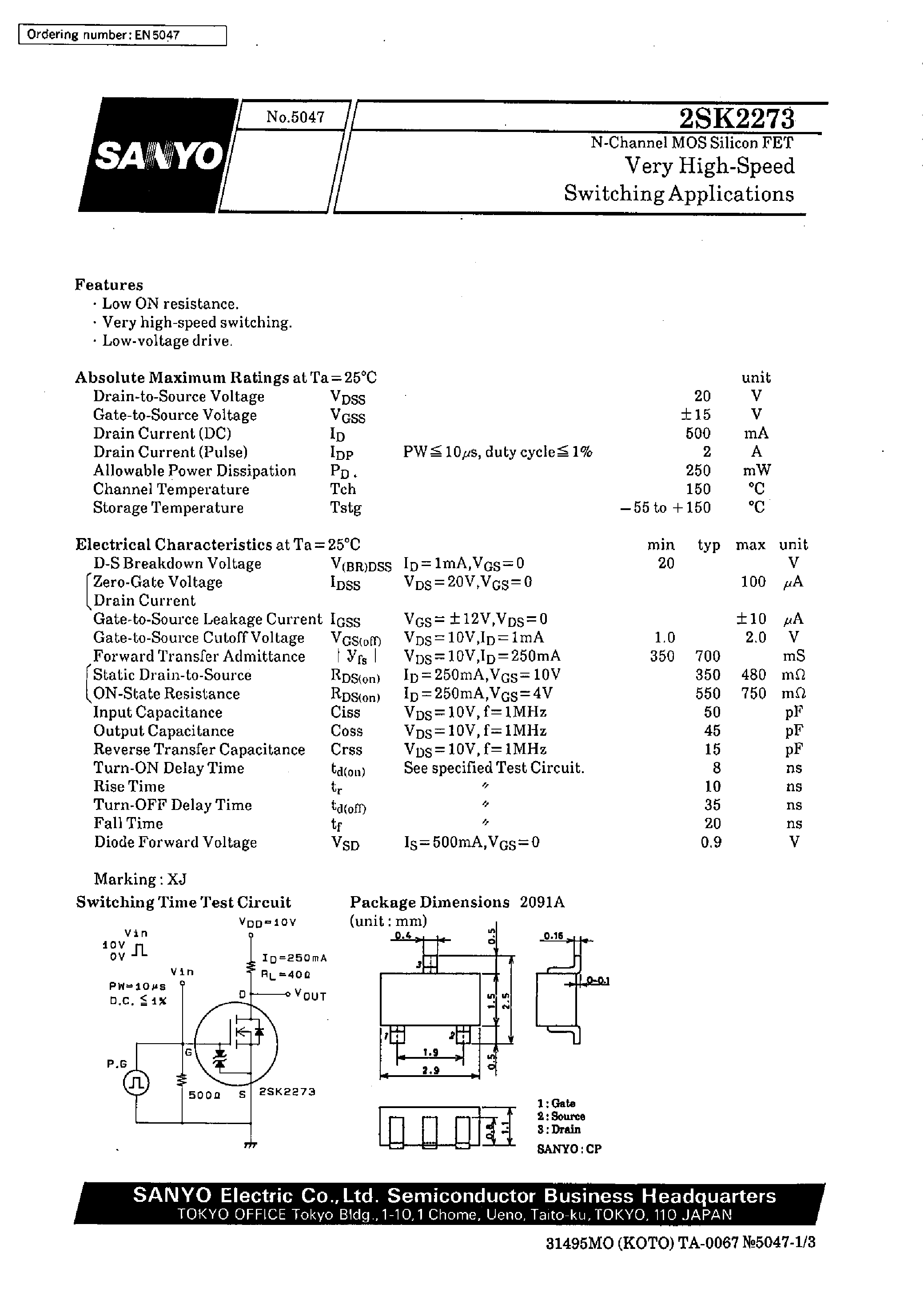 Datasheet 2SK2273 - Very High-Speed Switching Applications page 1