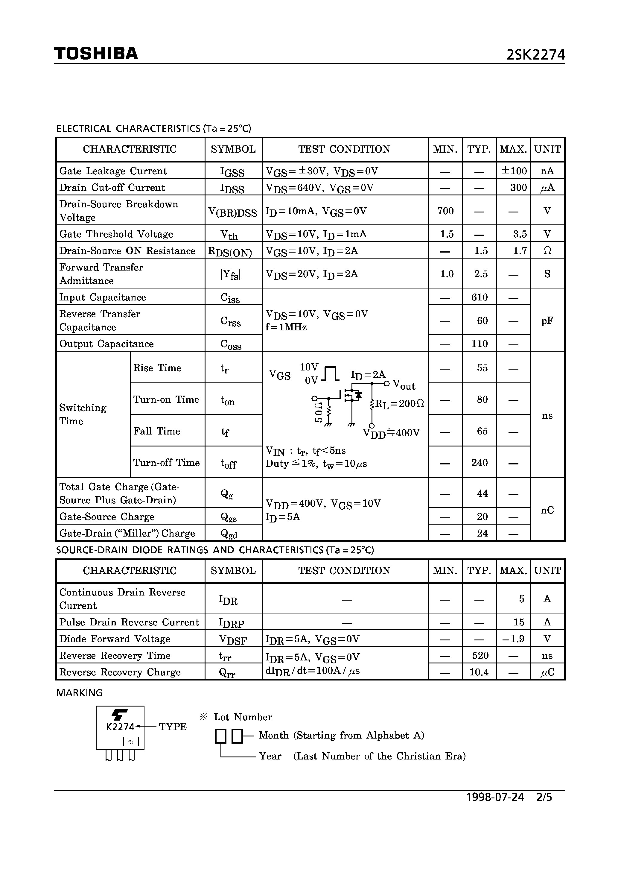 Datasheet 2SK2274 page 2 Datasheet 2SK2274 - N CHANNEL MOS TYPE (HIGH SPEED/ HIGH VOLTAGE SWITCHING/ CHOPPER REGULATOR/ DC-DC CONVERTER AND MOTOR DRIVE APPLICATIONS) page 2