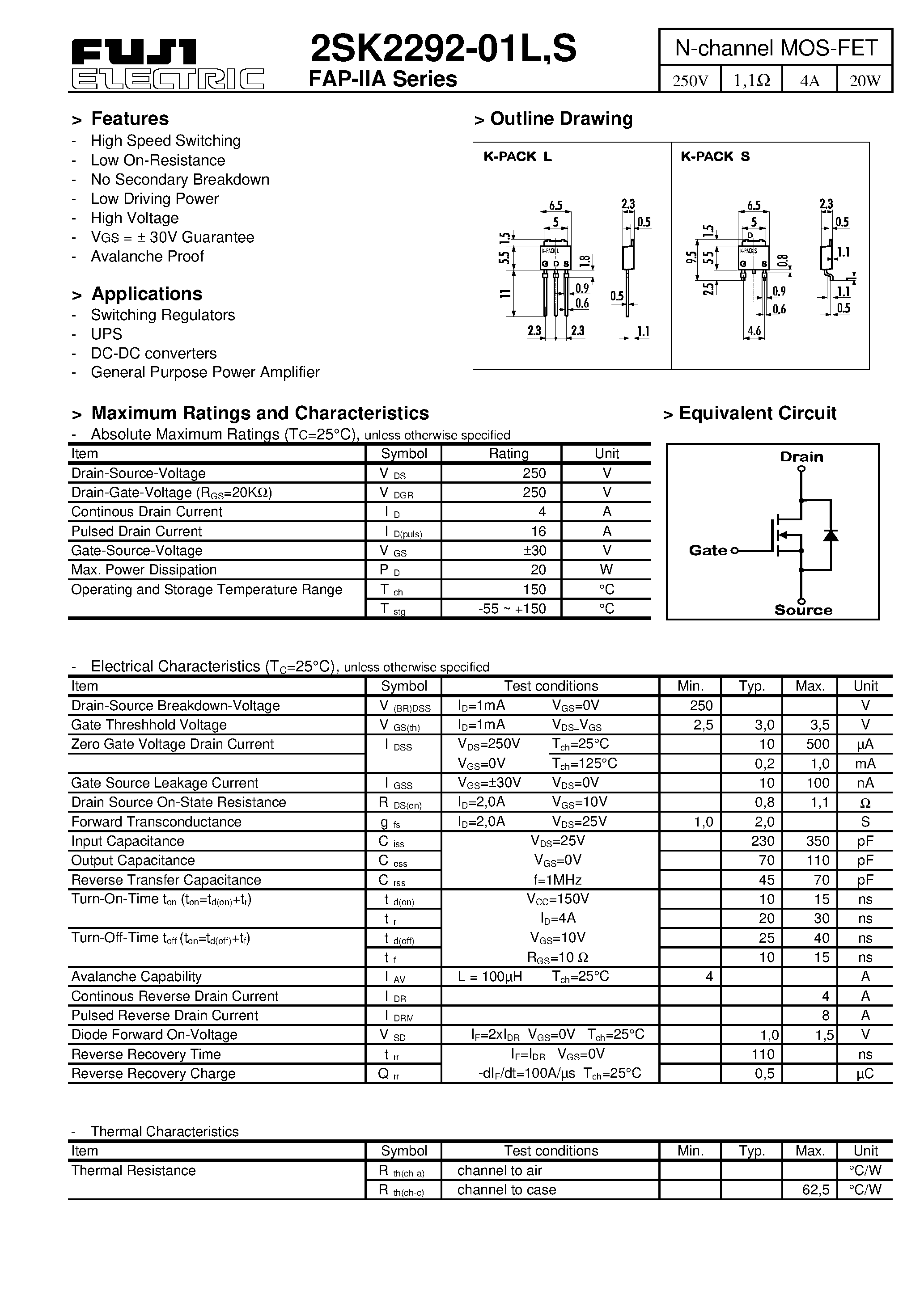 Datasheet 2SK2292-01S - N-channel MOS-FET page 1