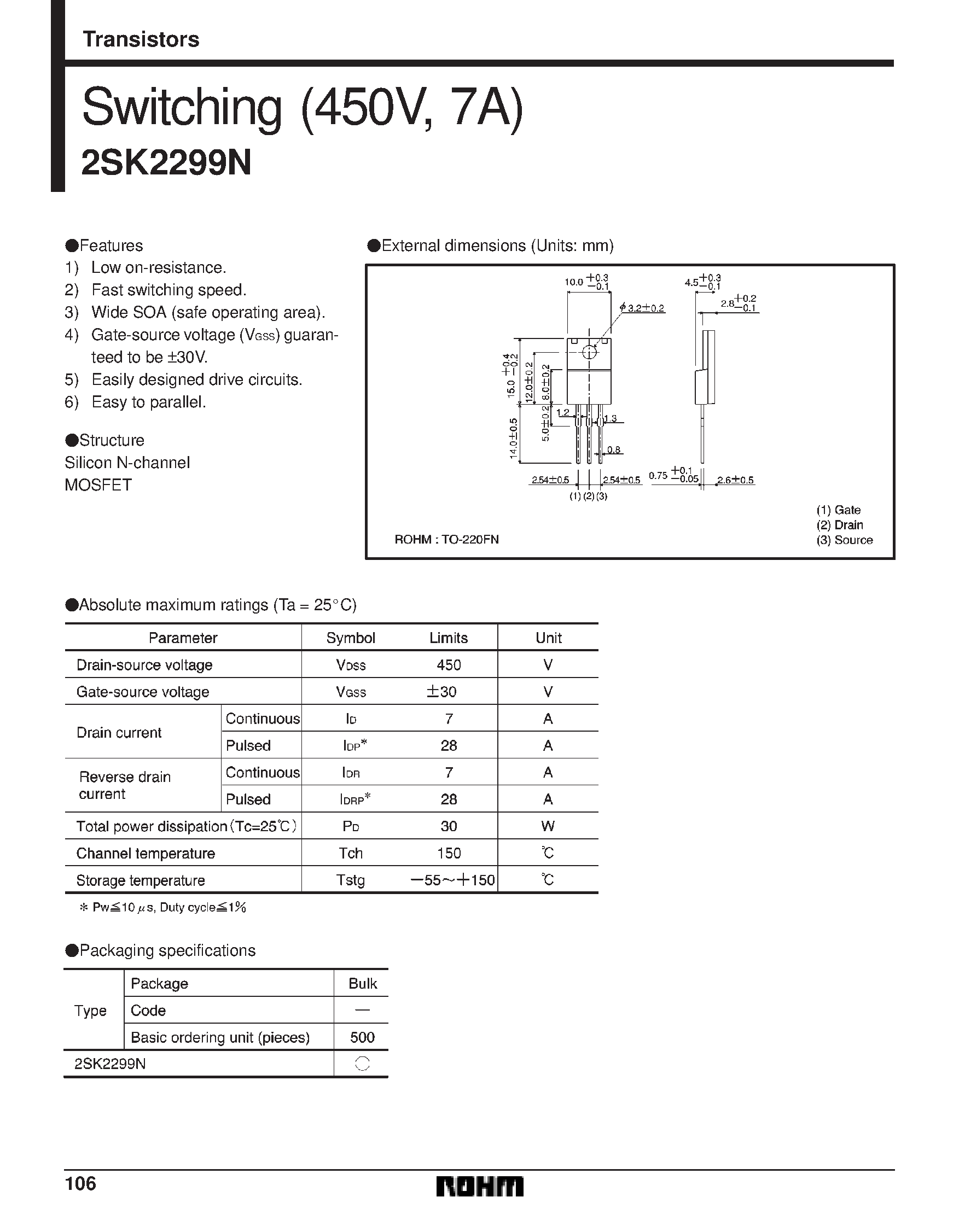 Datasheet 2SK2299N - Switching (450V/ 7A) page 1
