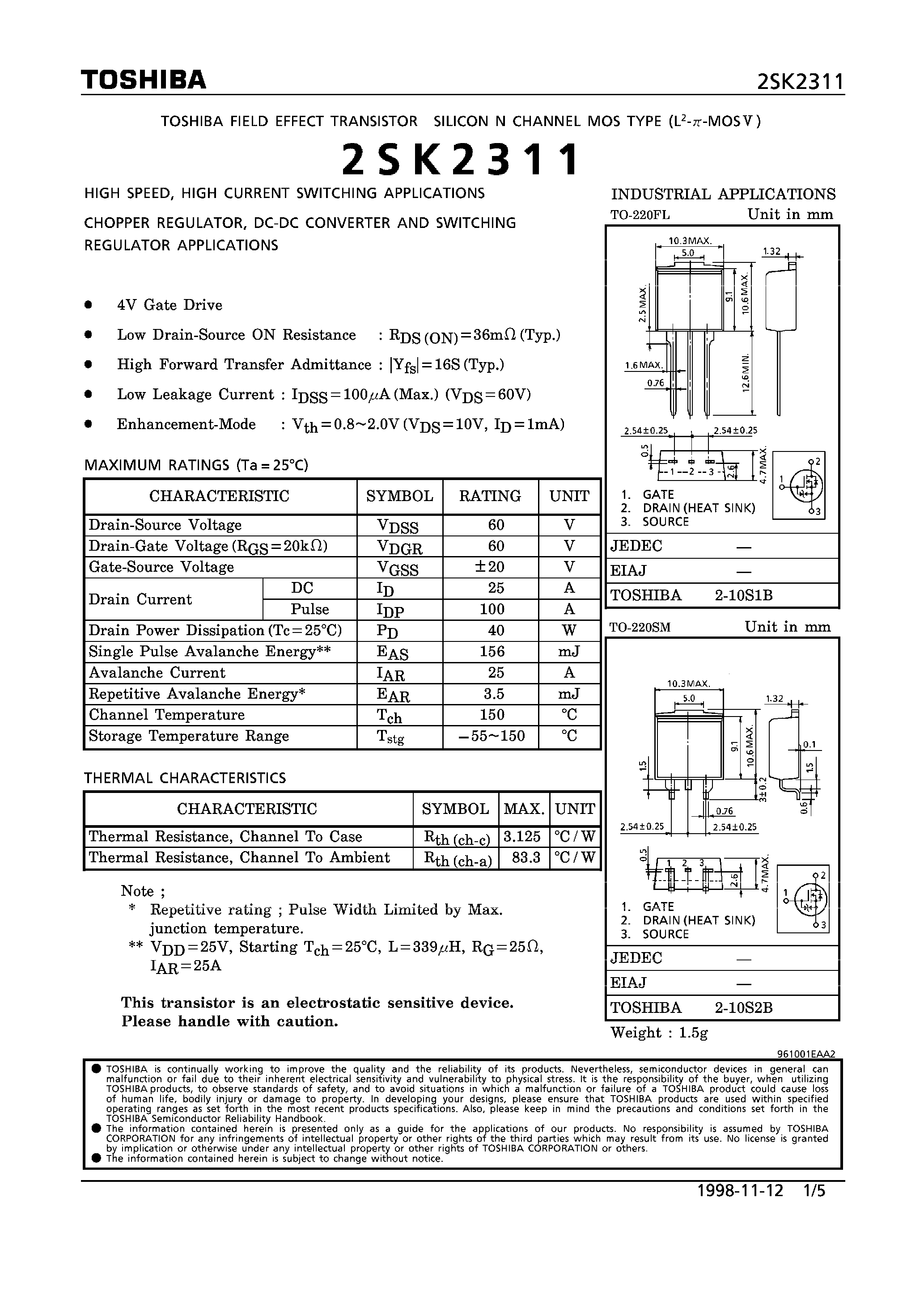 Datasheet 2SK2311 - N CHANNEL MOS TYPE (HIGH SPEED/ HIGH CURRENT SWITCHING APPLICATIONS CHOPPER REGULATOR/ DC-DC CONVERTER AND SWITCHING REGULATOR APPLICATIONS) page 1