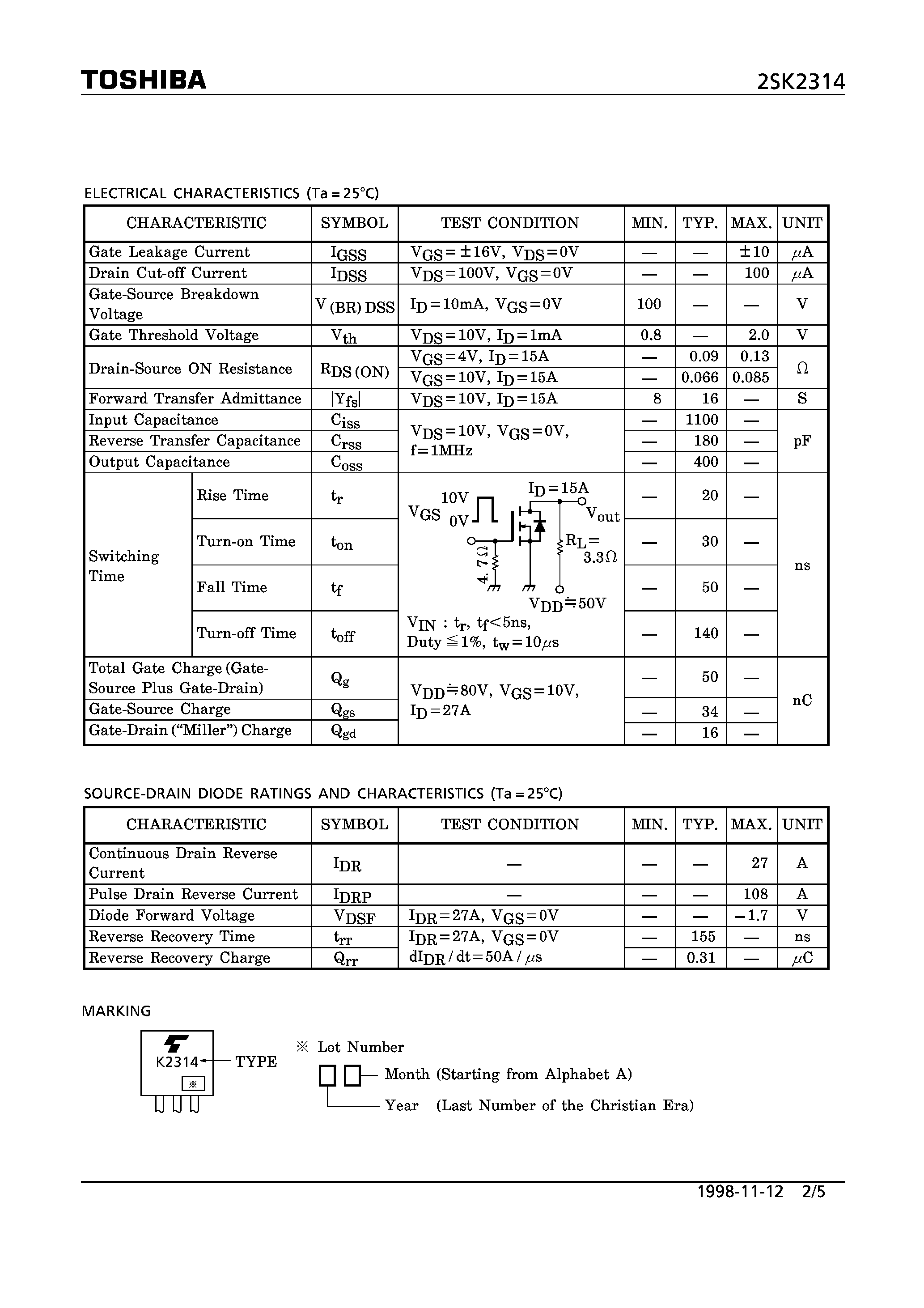 Datasheet 2SK2314 - N CHANNEL MOS TYPE (HIGH SPEED/ HIGH VOLTAGE SWITCHING/ CHOPPER REGULATOR/ DC-DC CONVERTER AND MOTOR DRIVE APPLICATIONS) page 2