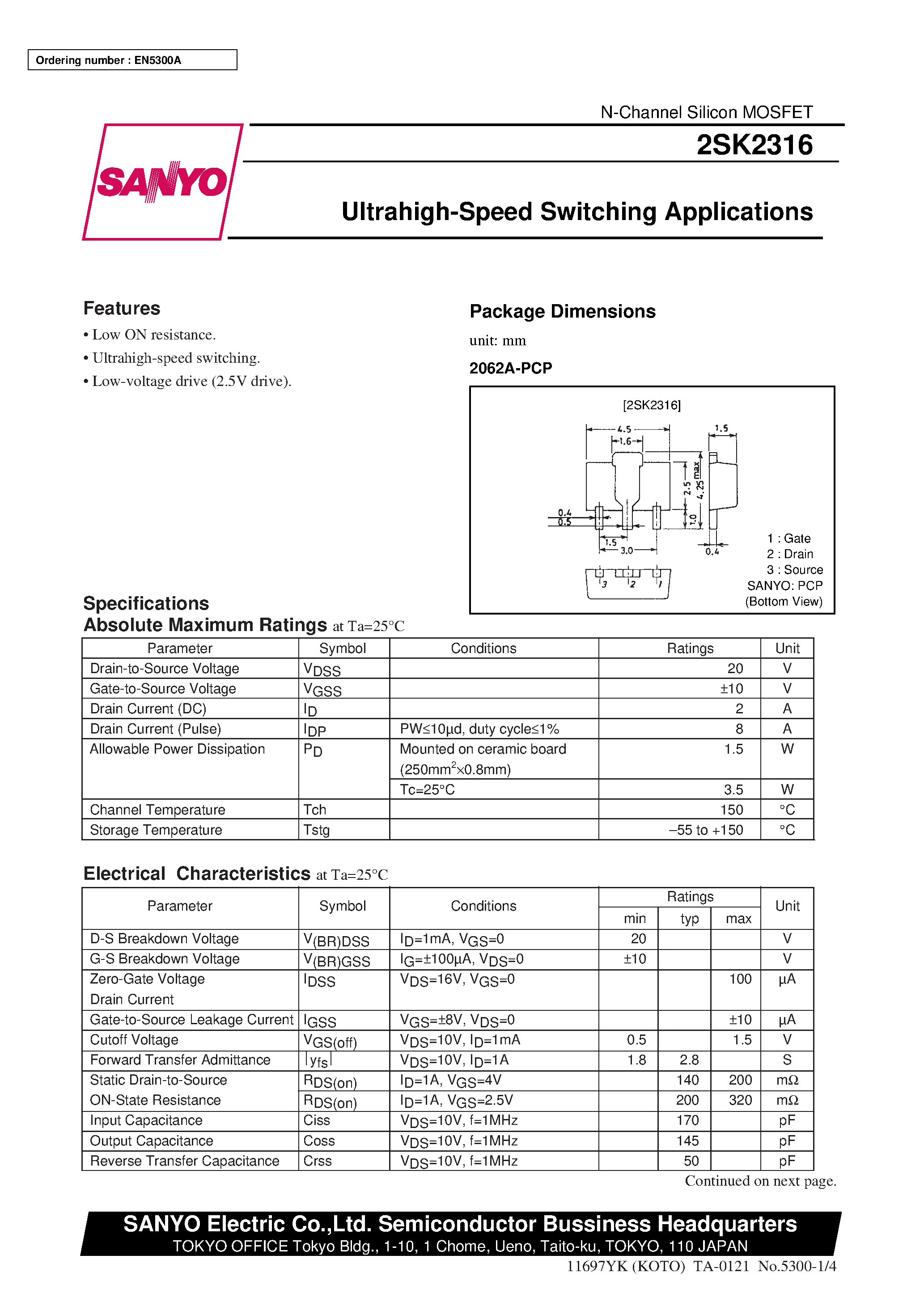 Datasheet 2SK2316 - Ultrahigh-Speed Switching Applications page 1