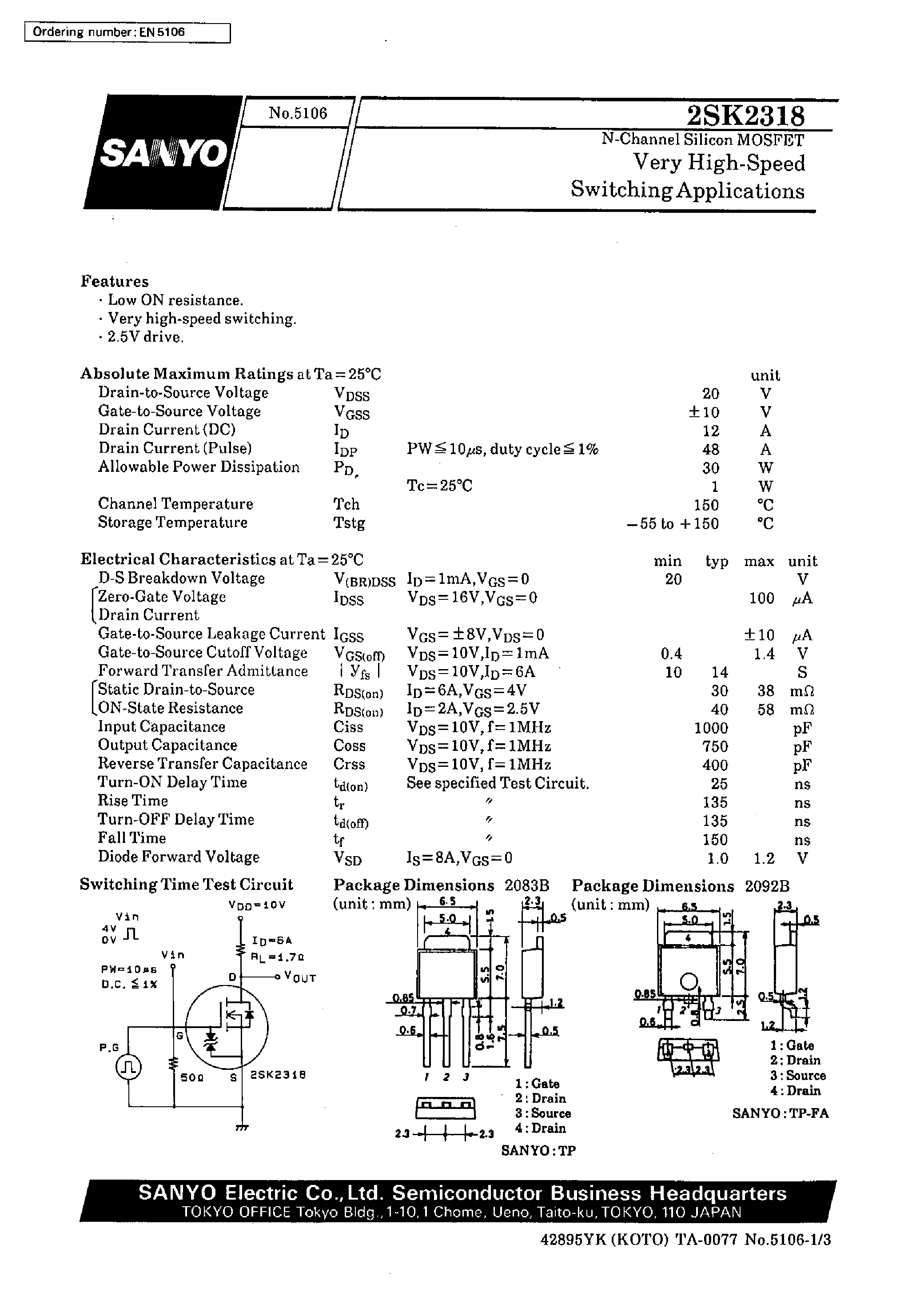 Datasheet 2SK2318 - Very High-Speed Switching Applications page 1