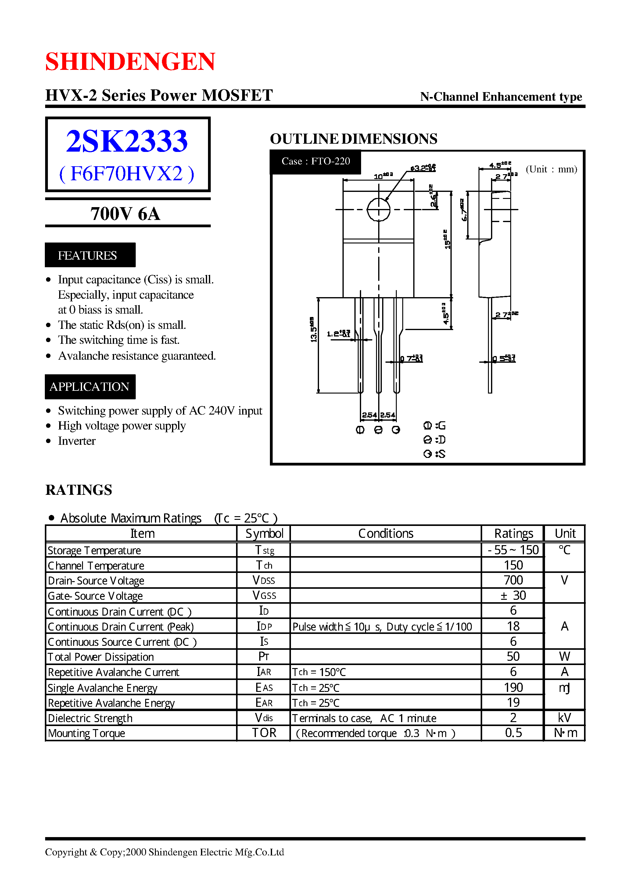 Datasheet 2SK2333 - HVX-2 Series Power MOSFET(700V 6A) page 1