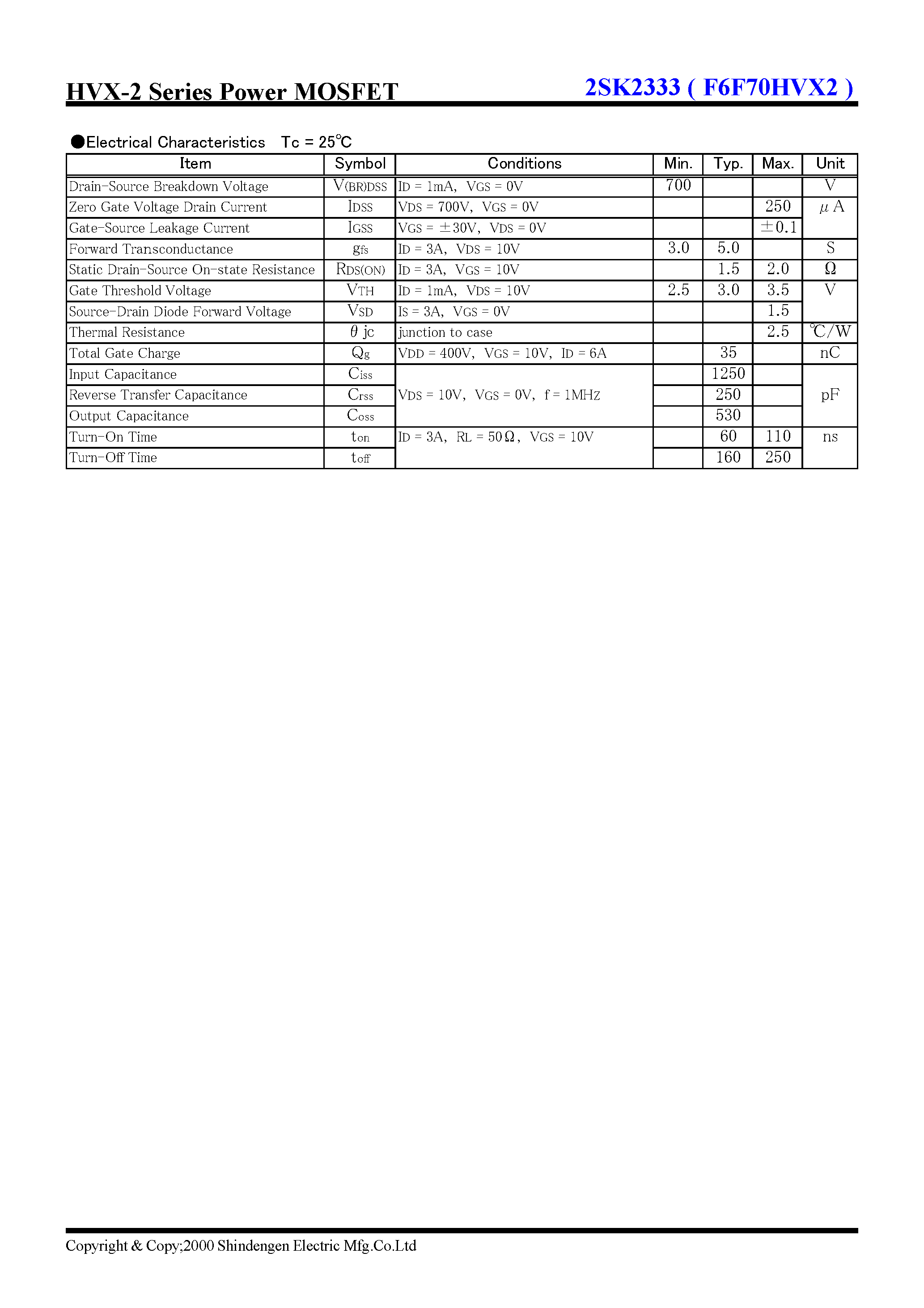 Datasheet 2SK2333 - HVX-2 Series Power MOSFET(700V 6A) page 2