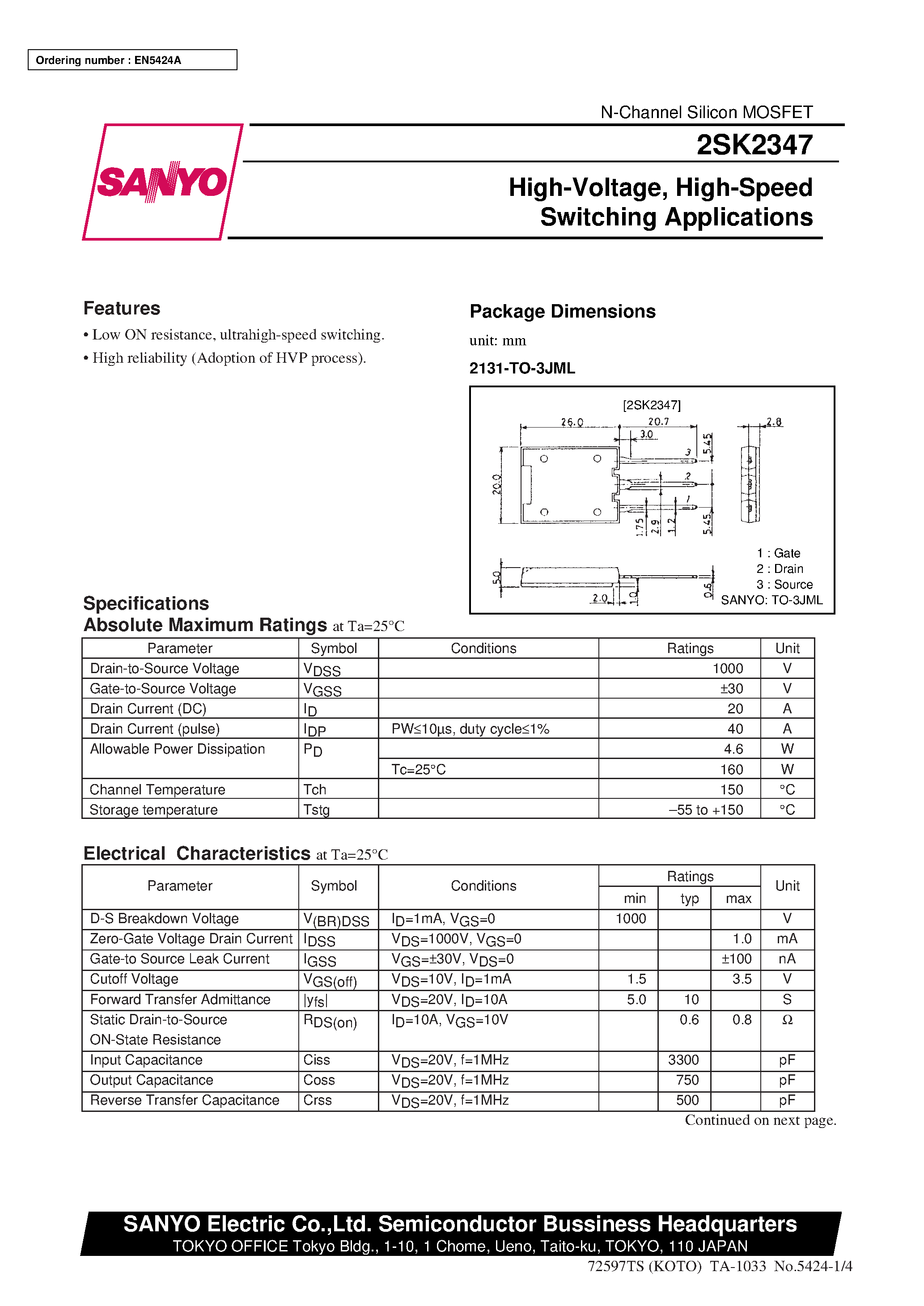 Datasheet 2SK2347 - High-Voltage/ High-Speed Switching Applications page 1