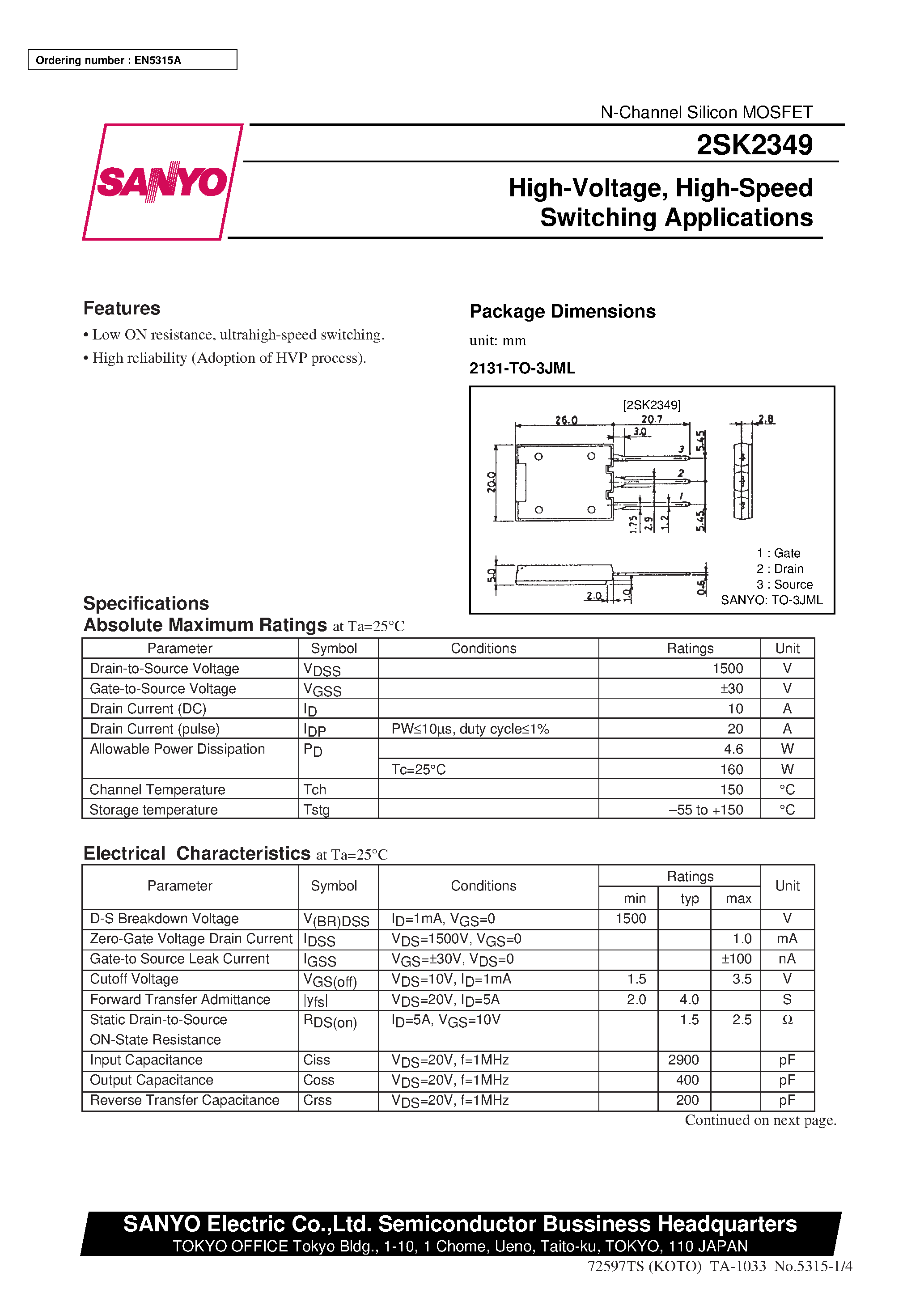 Datasheet 2SK2349 - High-Voltage/ High-Speed Switching Applications page 1