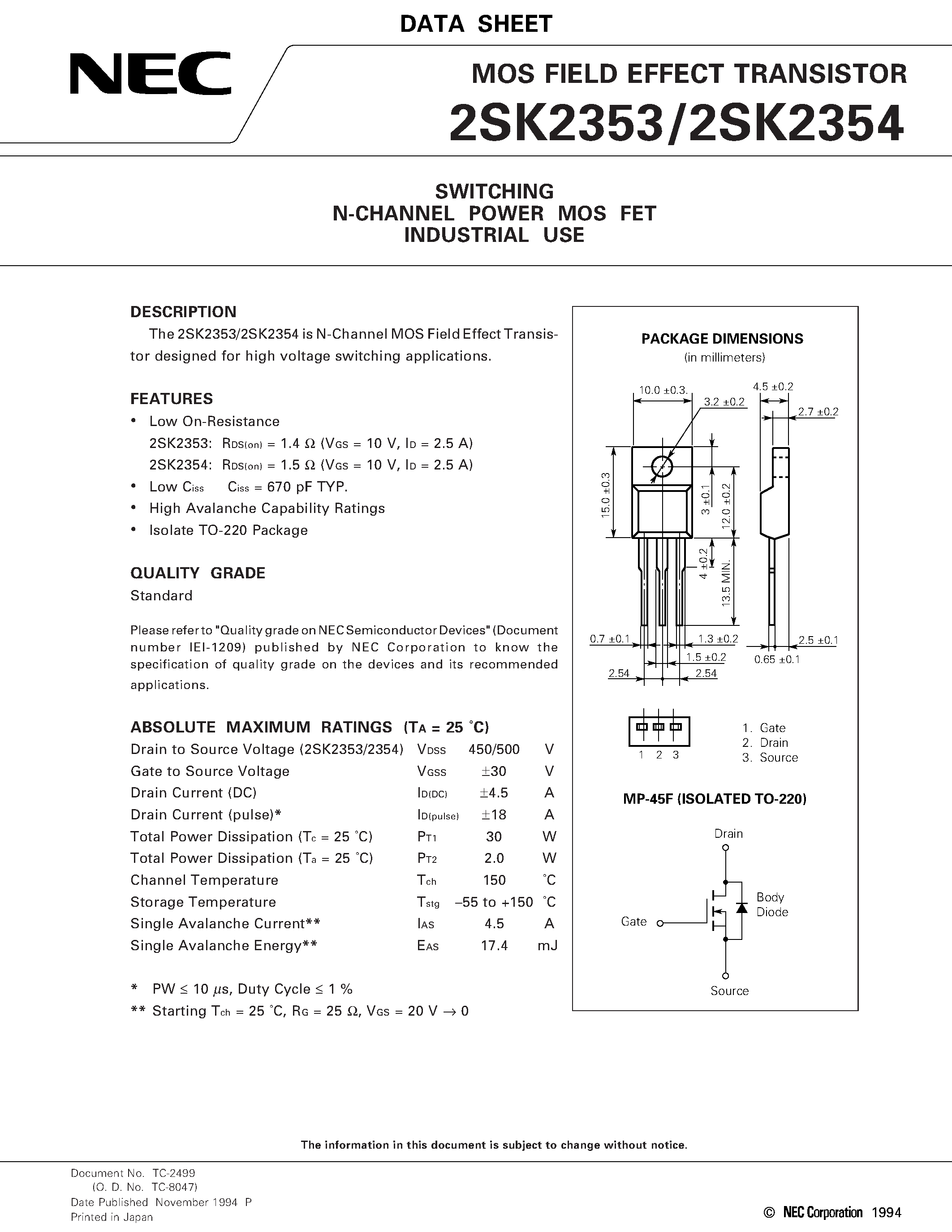 Datasheet 2SK2353 - SWITCHING N-CHANNEL POWER MOS FET INDUSTRIAL USE page 1