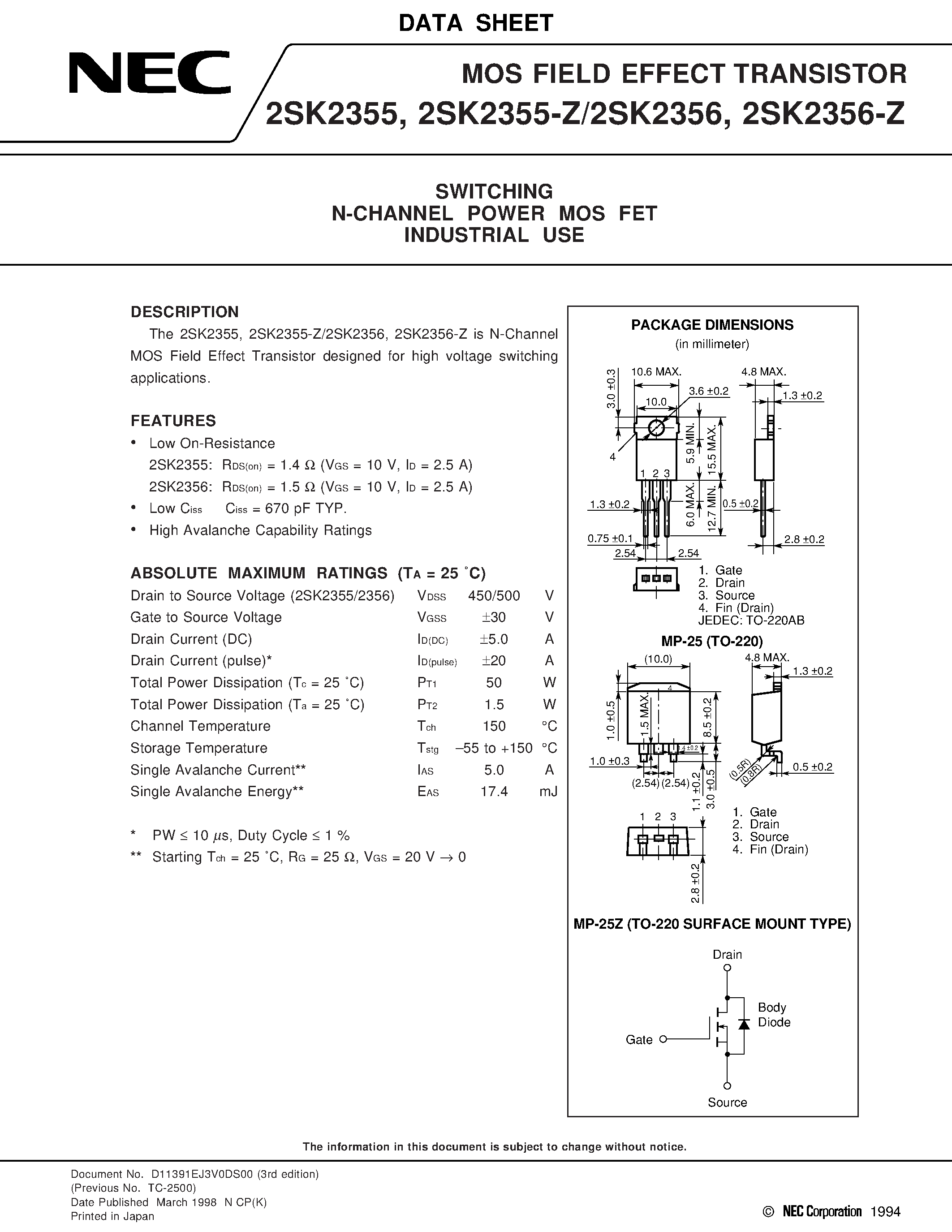Datasheet 2SK2355-Z - SWITCHING N-CHANNEL POWER MOS FET INDUSTRIAL USE page 1