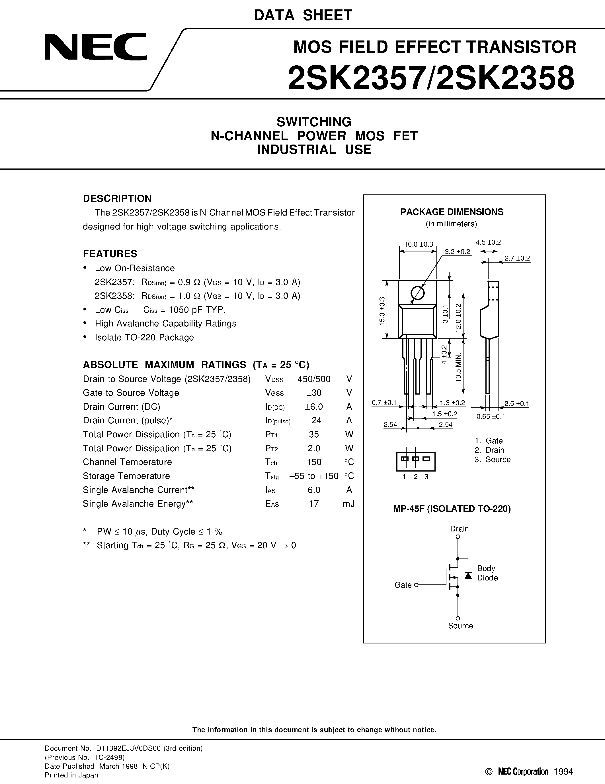 Datasheet 2SK2357 page 1 Datasheet 2SK2357 - SWITCHING N-CHANNEL POWER MOS FET INDUSTRIAL USE page 1