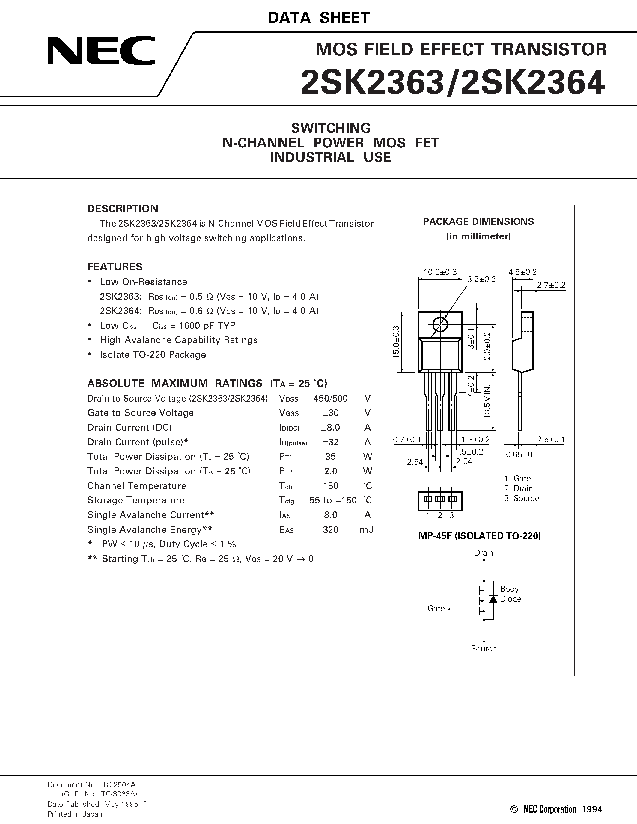 Datasheet 2SK2364 - SWITCHING N-CHANNEL POWER MOS FET INDUSTRIAL USE page 1