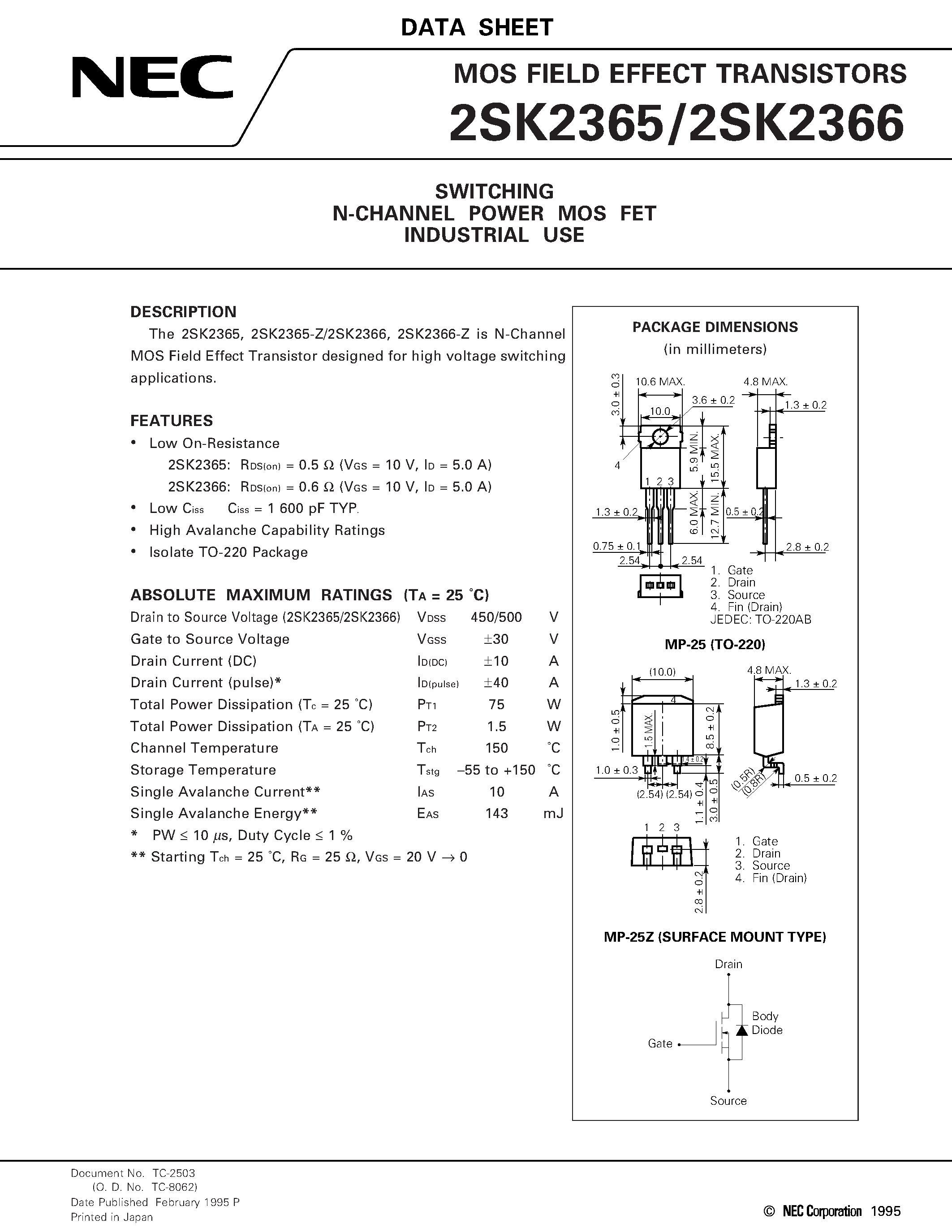 Datasheet 2SK2365 page 1 Datasheet 2SK2365 - SWITCHING N-CHANNEL POWER MOS FET INDUSTRIAL USE page 1