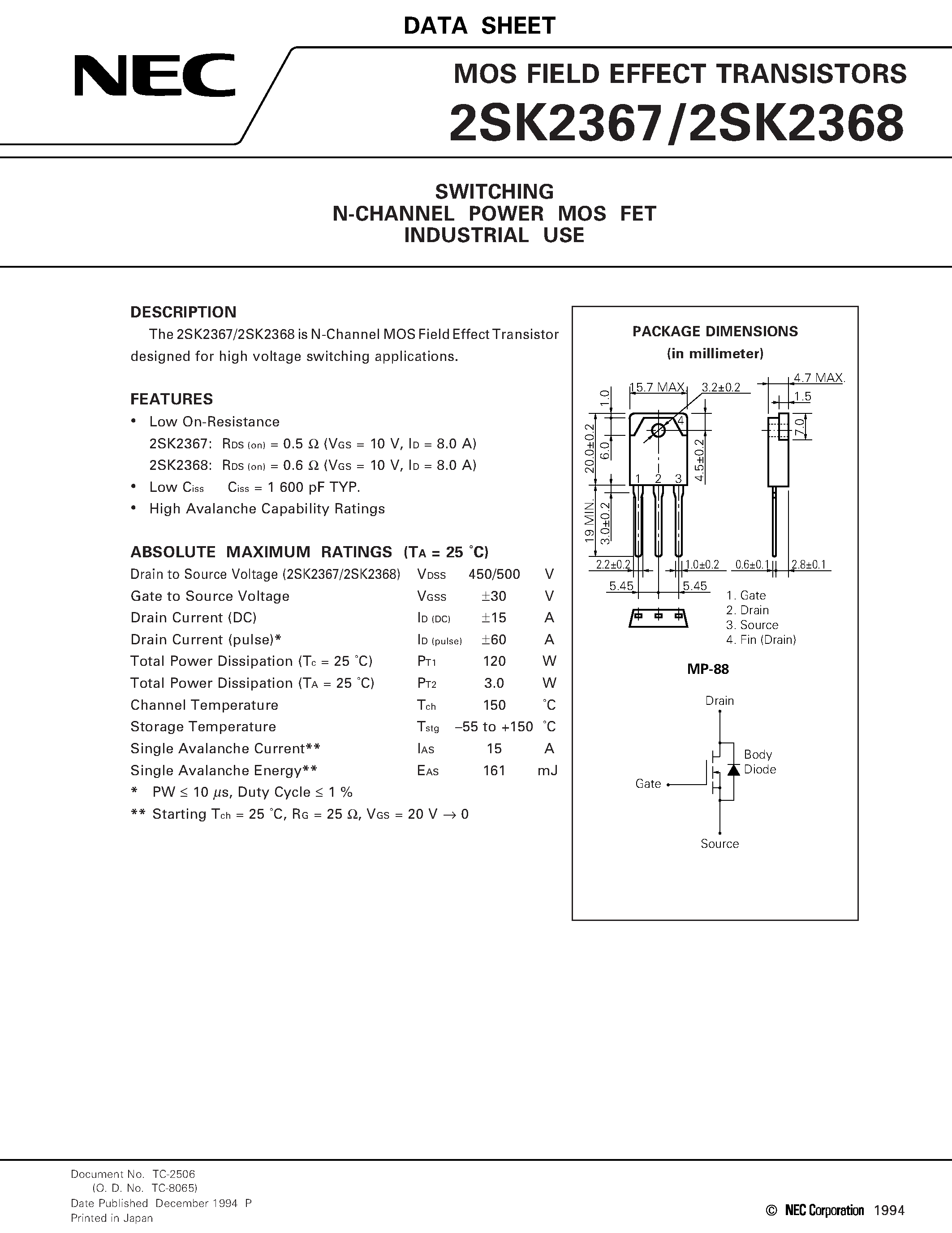 Datasheet 2SK2368 page 1 Datasheet 2SK2368 - SWITCHING N-CHANNEL POWER MOS FET INDUSTRIAL USE page 1