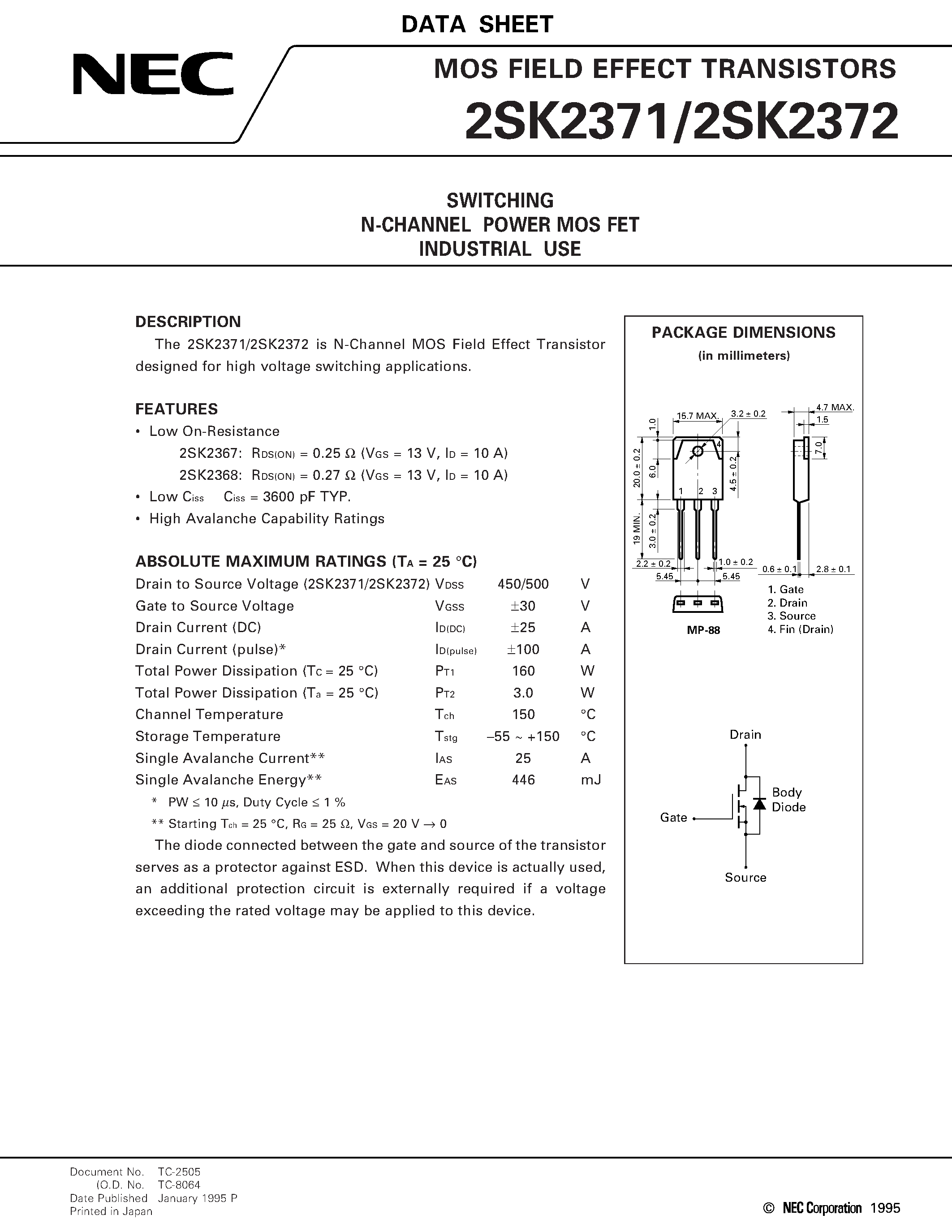 Даташит на микросхему 2SK2371 страница 1 Даташит 2SK2371 - SWITCHING N-CHANNEL POWER MOS FET INDUSTRIAL USE страница 1