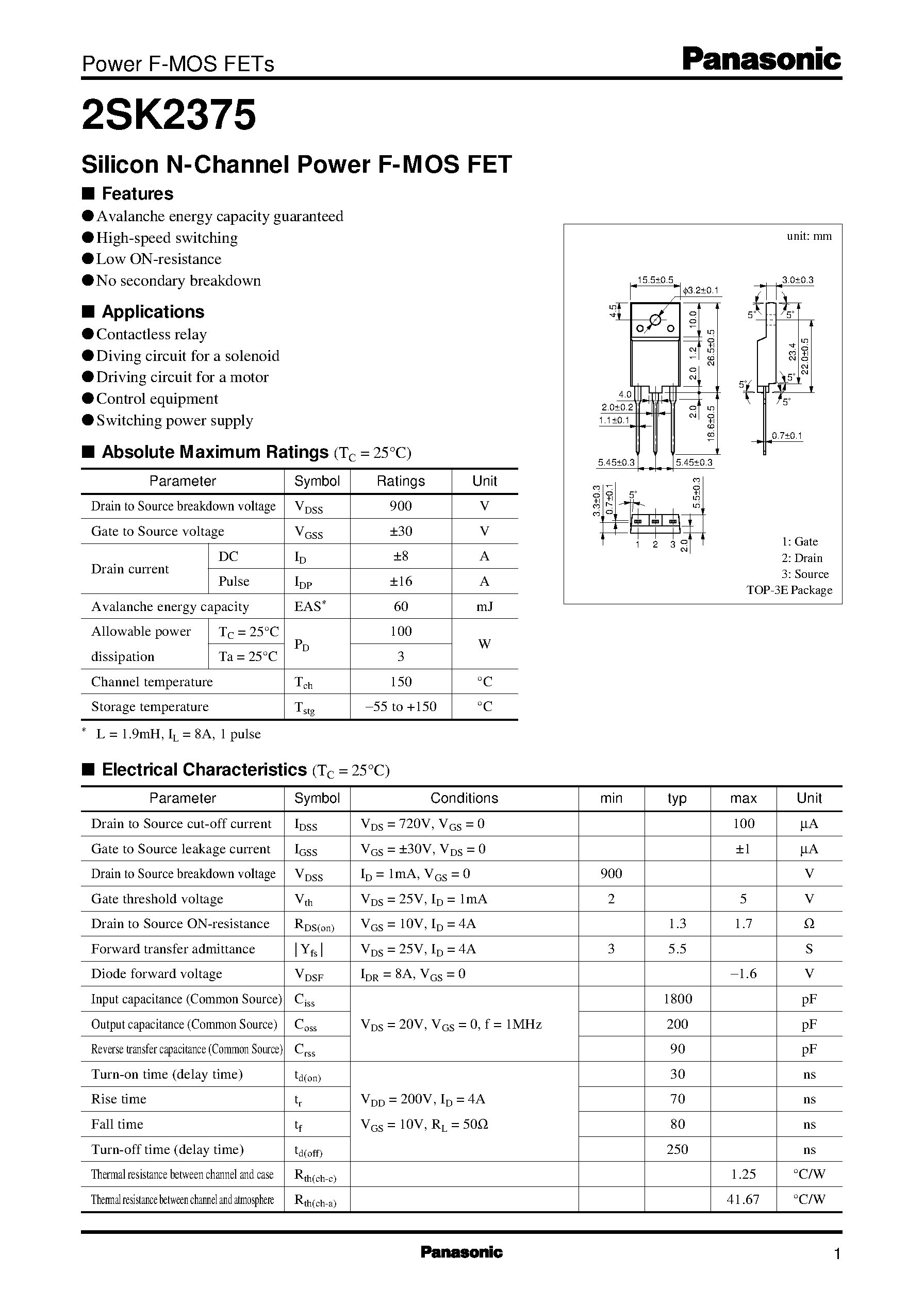 Даташит на микросхему 2SK2375 страница 1 Даташит 2SK2375 - Silicon N-Channel Power F-MOS FET страница 1