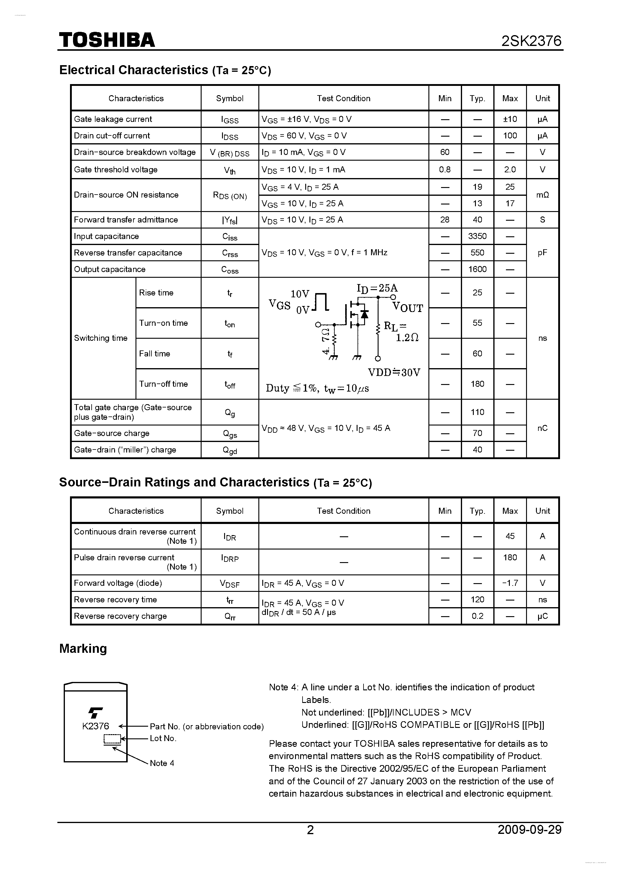 Datasheet 2SK2376 page 2 Datasheet 2SK2376 - N CHANNEL MOS TYPE (HIGH SPEED/ HIGH VOLTAGE SWITCHING/ CHOPPER REGULATOR/ DC-DC CONVERTER AND MOTOR DRIVE APPLICATIONS) page 2