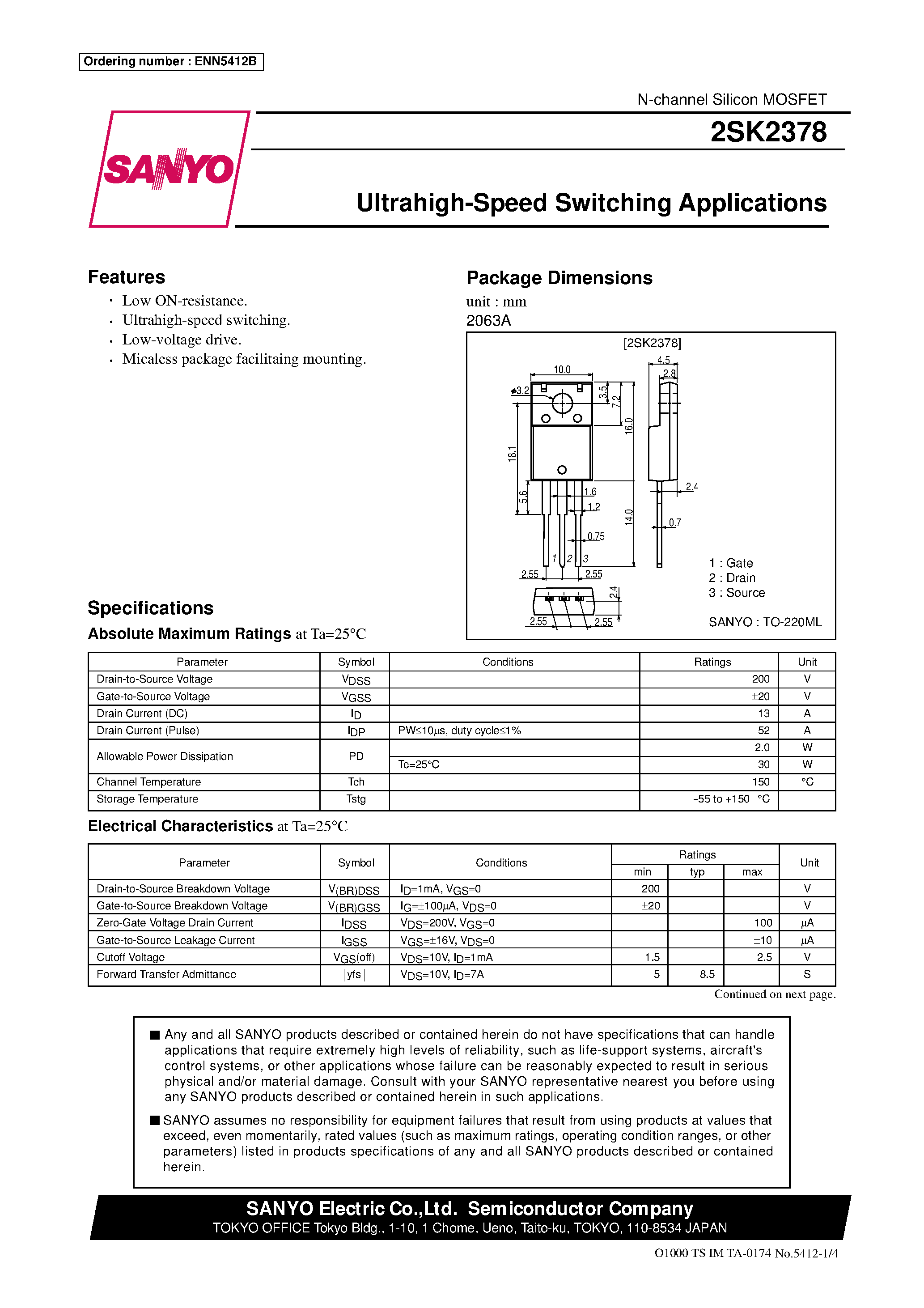 Datasheet 2SK2378 - Ultrahigh-Speed Switching Applications page 1