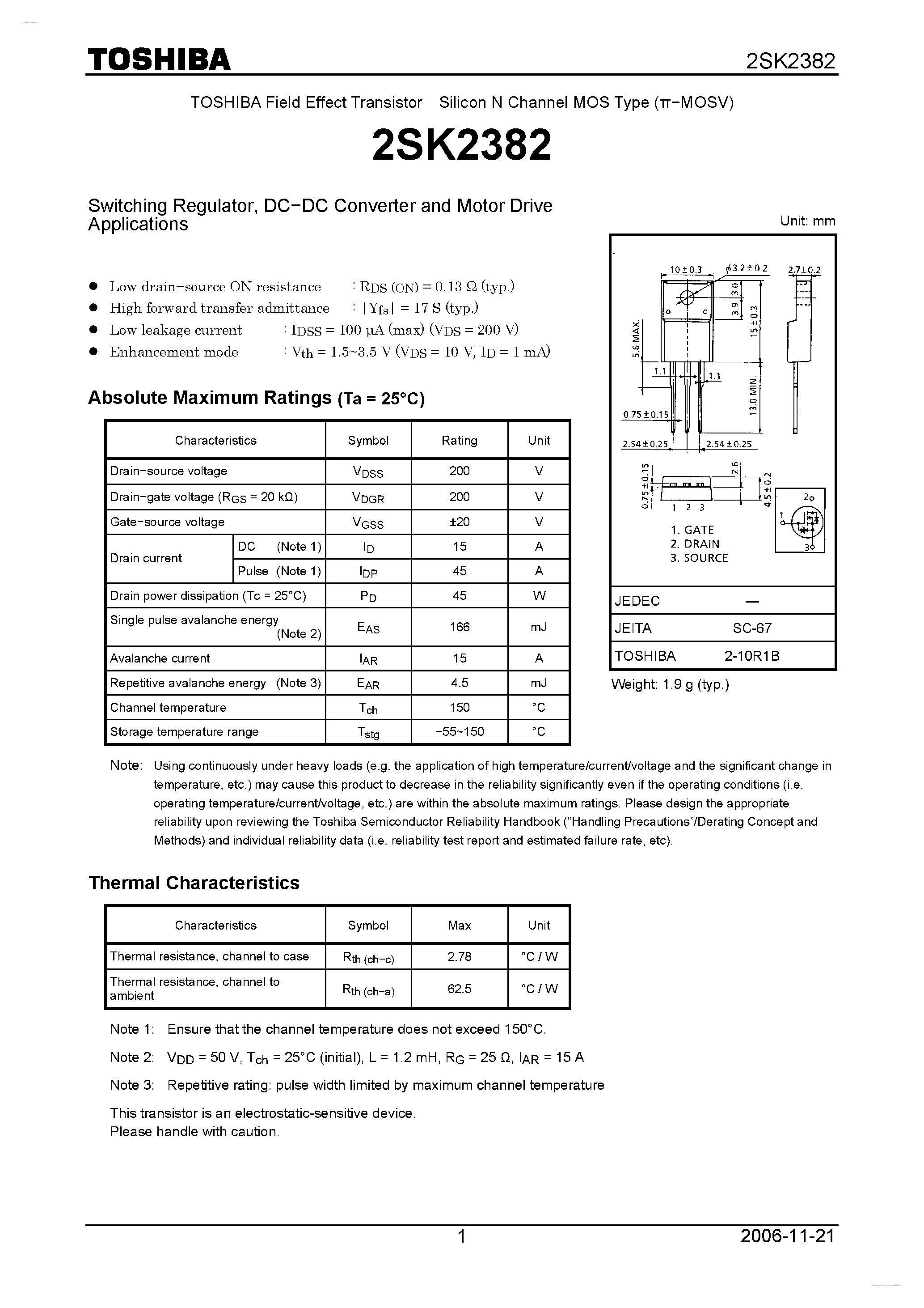 Datasheet 2SK2382 - N CHANNEL MOS TYPE (HIGH SPEED/ HIGH VOLTAGE SWITCHING/ CHOPPER REGULATOR/ DC-DC CONVERTER AND MOTOR DRIVE APPLICATIONS) page 1