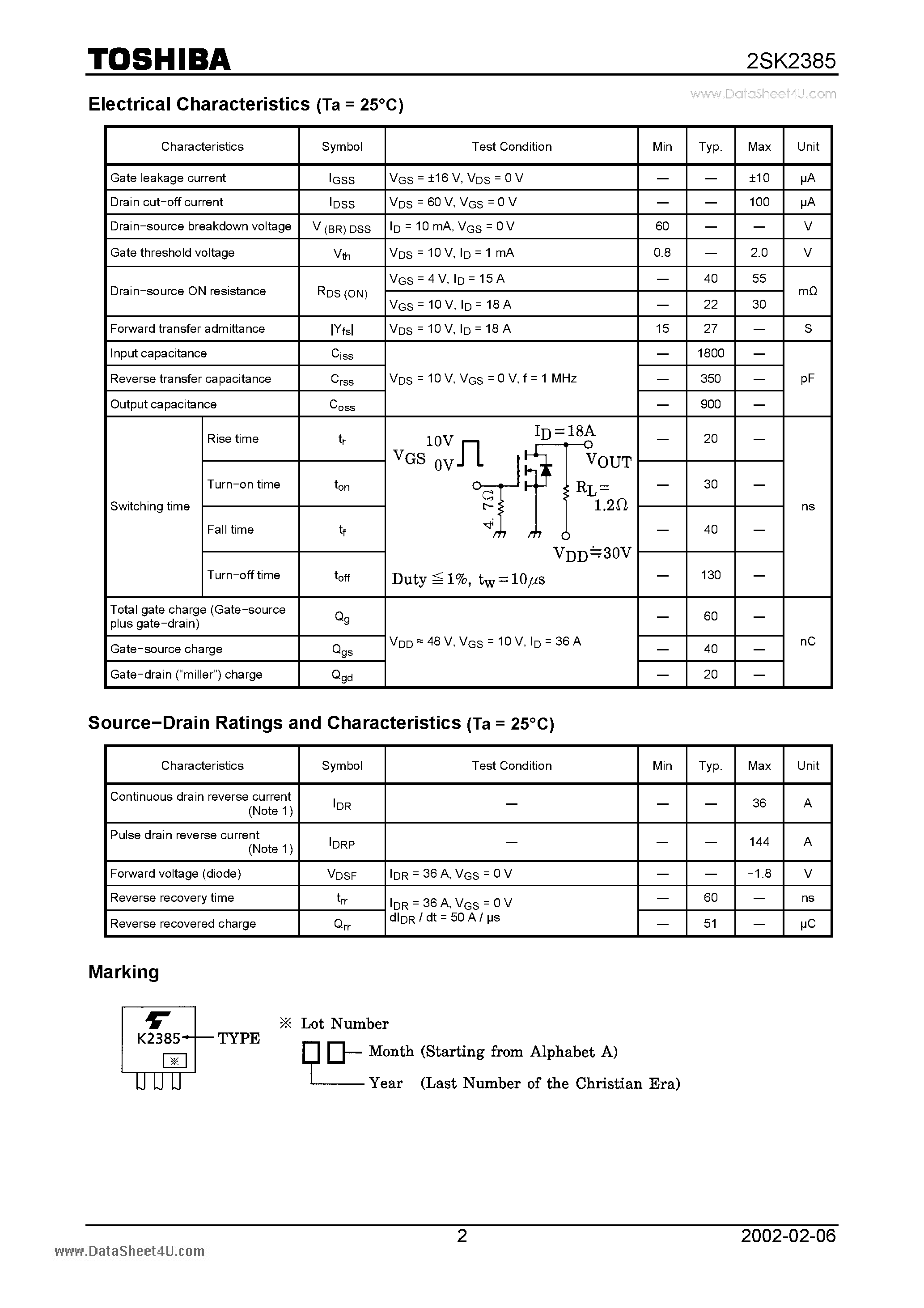 Datasheet 2SK2385 page 2 Datasheet 2SK2385 - N CHANNEL MOS TYPE (HIGH SPEED/ HIGH VOLTAGE SWITCHING/ CHOPPER REGULATOR/ DC-DC CONVERTER AND MOTOR DRIVE APPLICATIONS) page 2