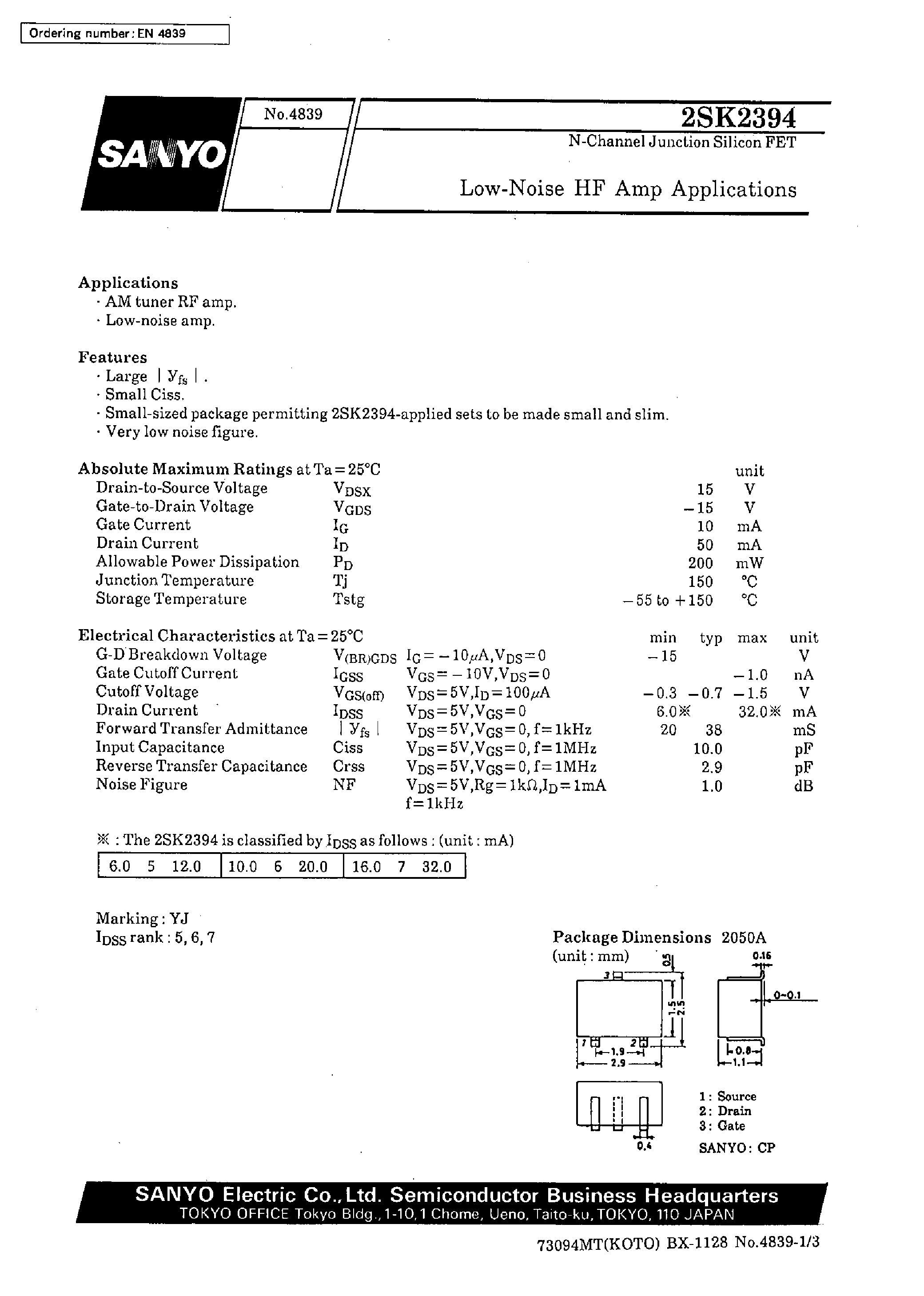 Datasheet 2SK2394 - Low-Noise HF Amp Applications page 1