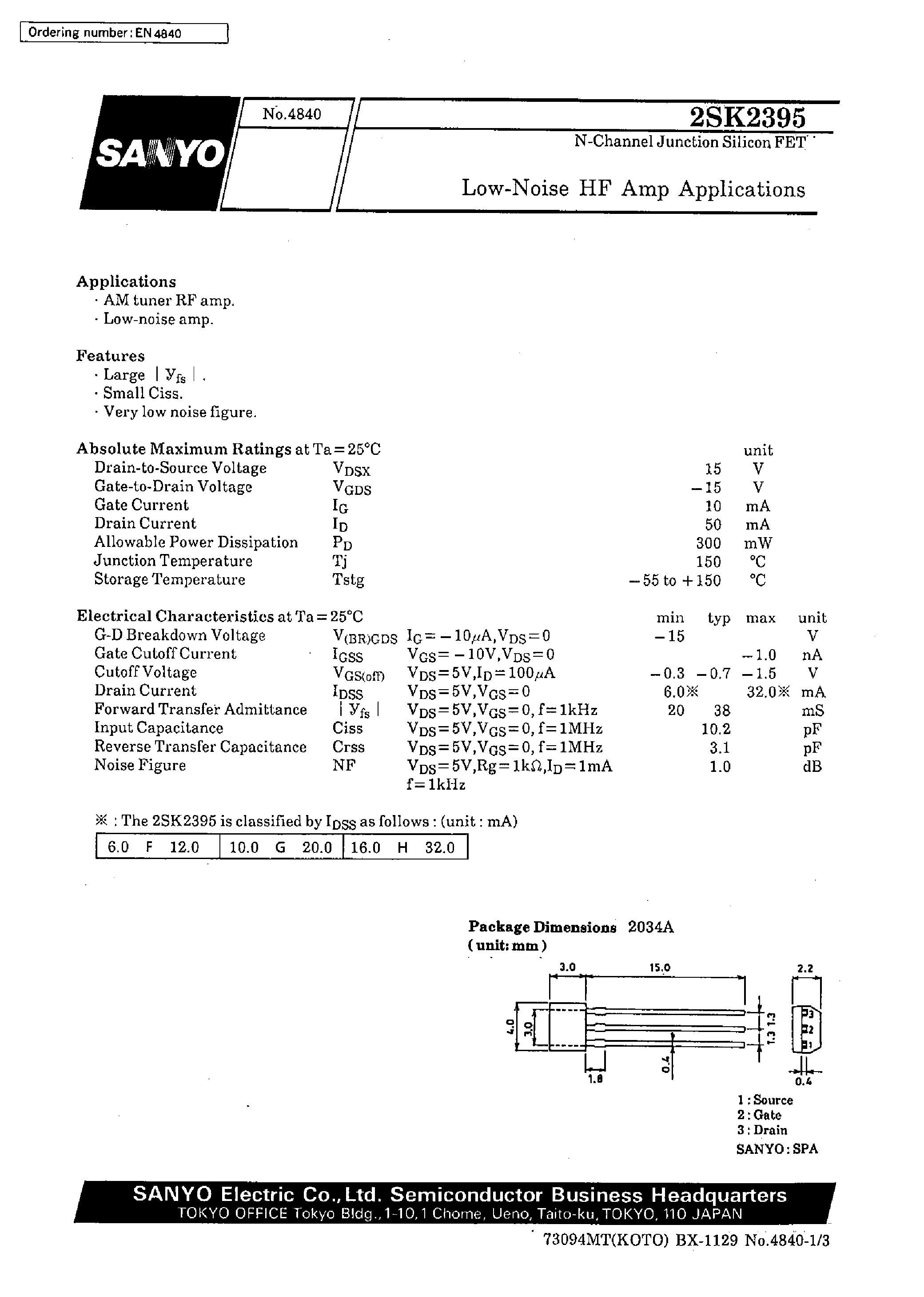 Datasheet 2SK2395 - Low-Noise HF Amp Applications page 1