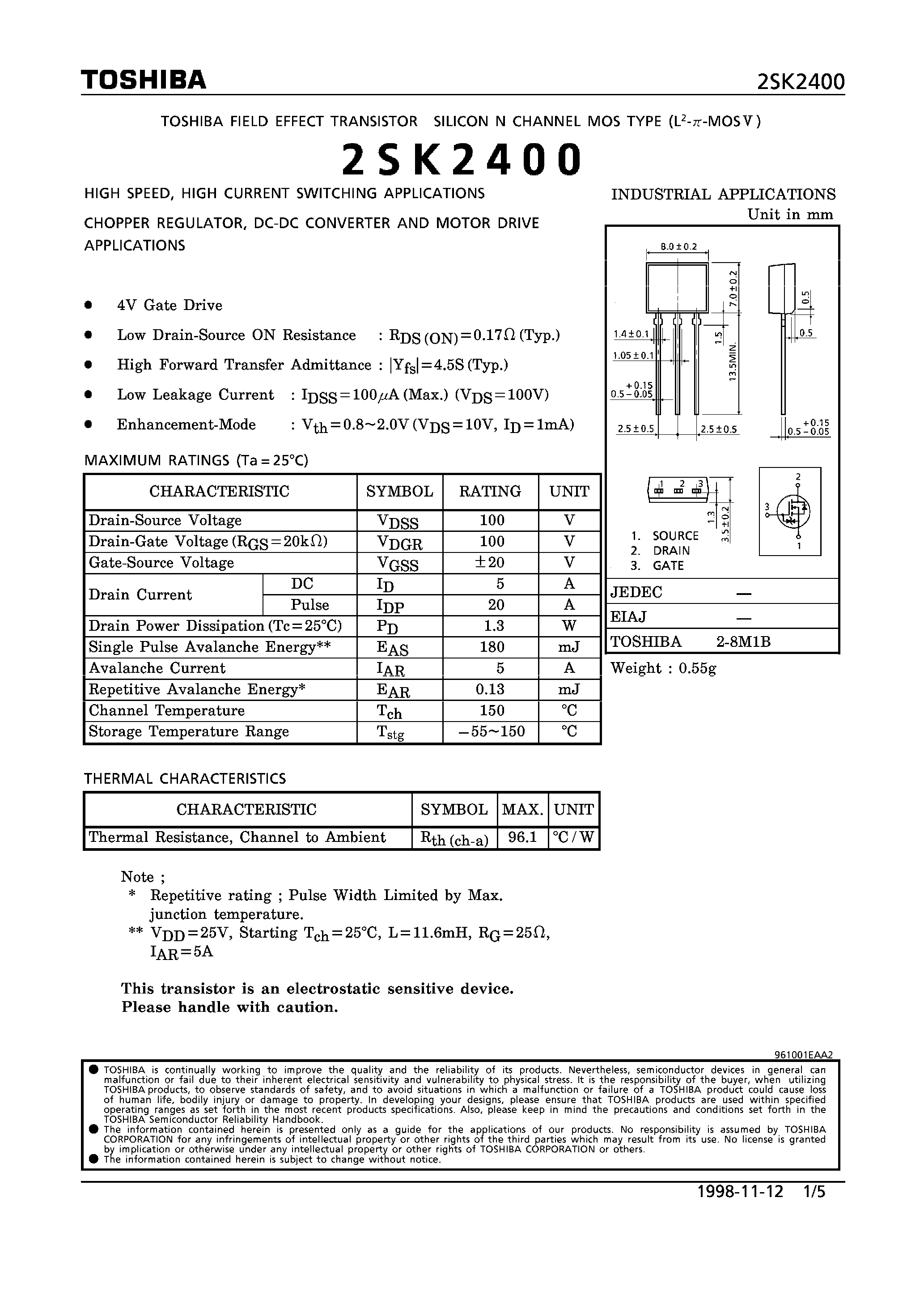 Datasheet 2SK2400 - N CHANNEL MOS TYPE (HIGH SPEED/ HIGH VOLTAGE SWITCHING/ CHOPPER REGULATOR/ DC-DC CONVERTER AND MOTOR DRIVE APPLICATIONS) page 1
