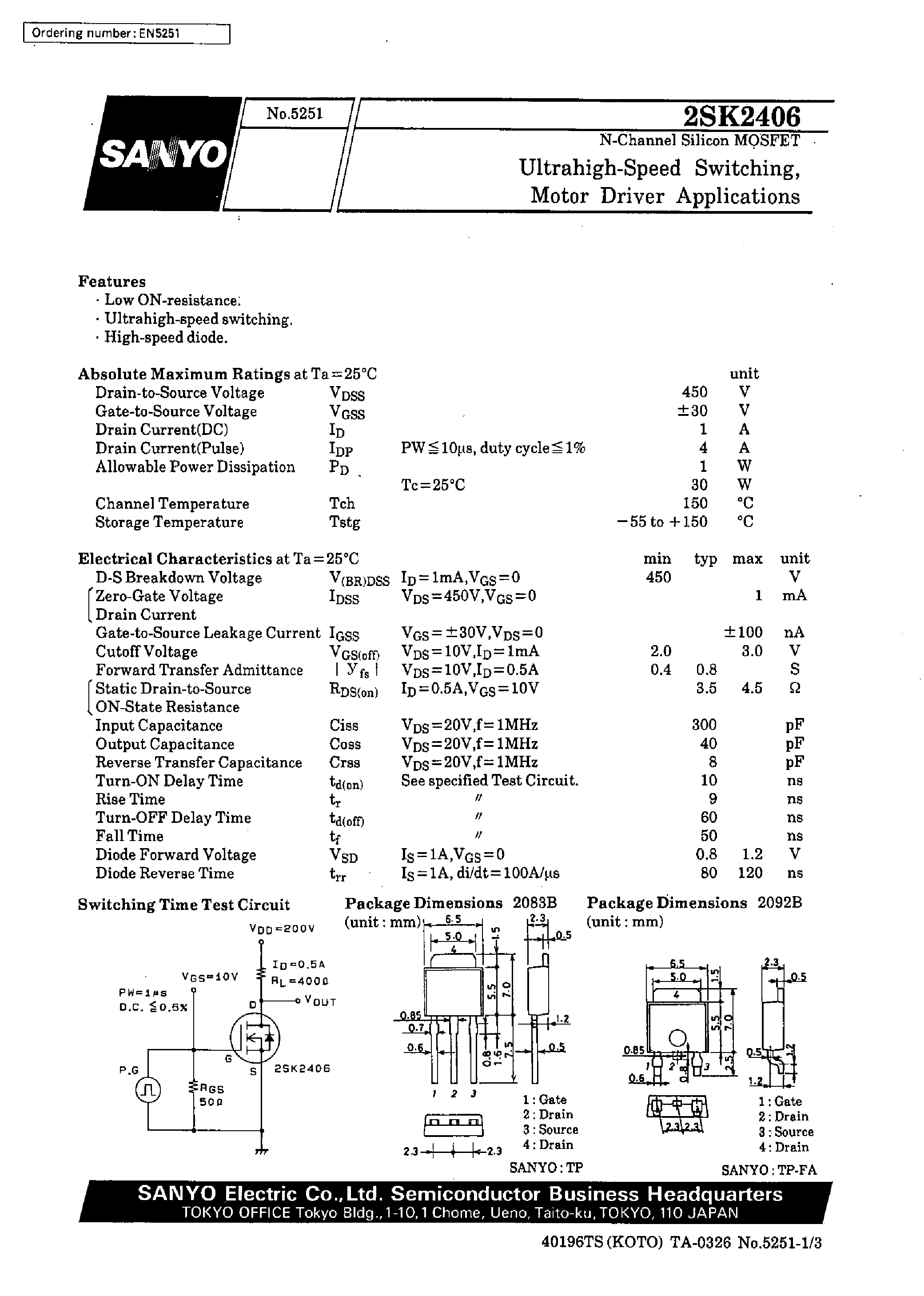 Datasheet 2SK2406 page 1 Datasheet 2SK2406 - Ultrahigh-Speed Switching/ Motor Driver Applications page 1