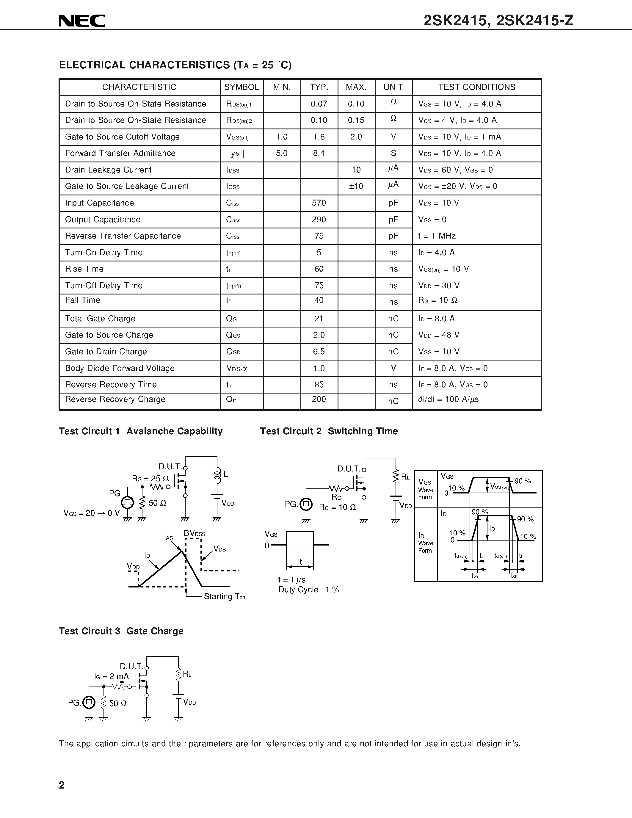 Datasheet 2SK2415-Z page 2 Datasheet 2SK2415-Z - SWITCHING N-CHANNEL POWER MOS FET INDUSTRIAL USE page 2