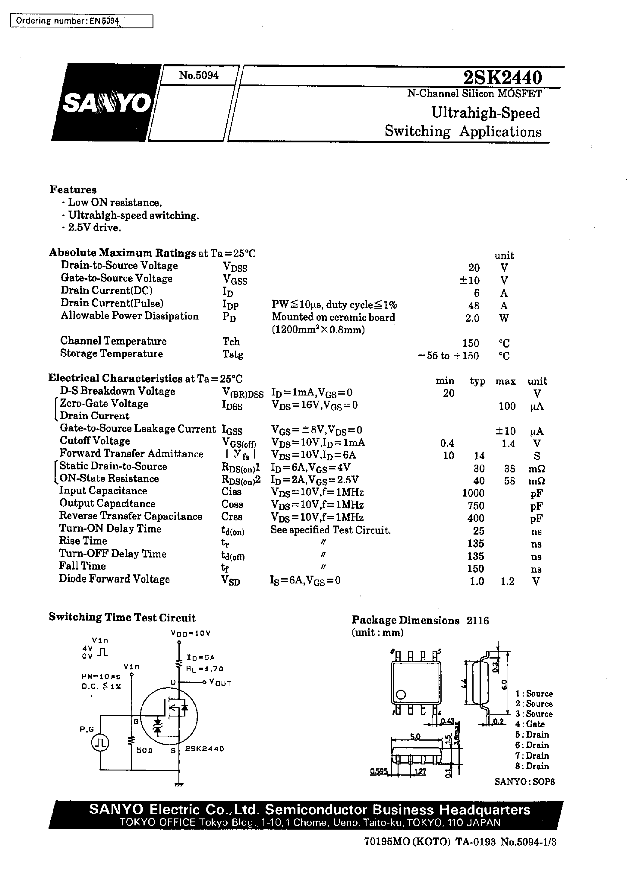 Datasheet 2SK2440 page 1 Datasheet 2SK2440 - Ultrahigh-Speed Switching Applications page 1